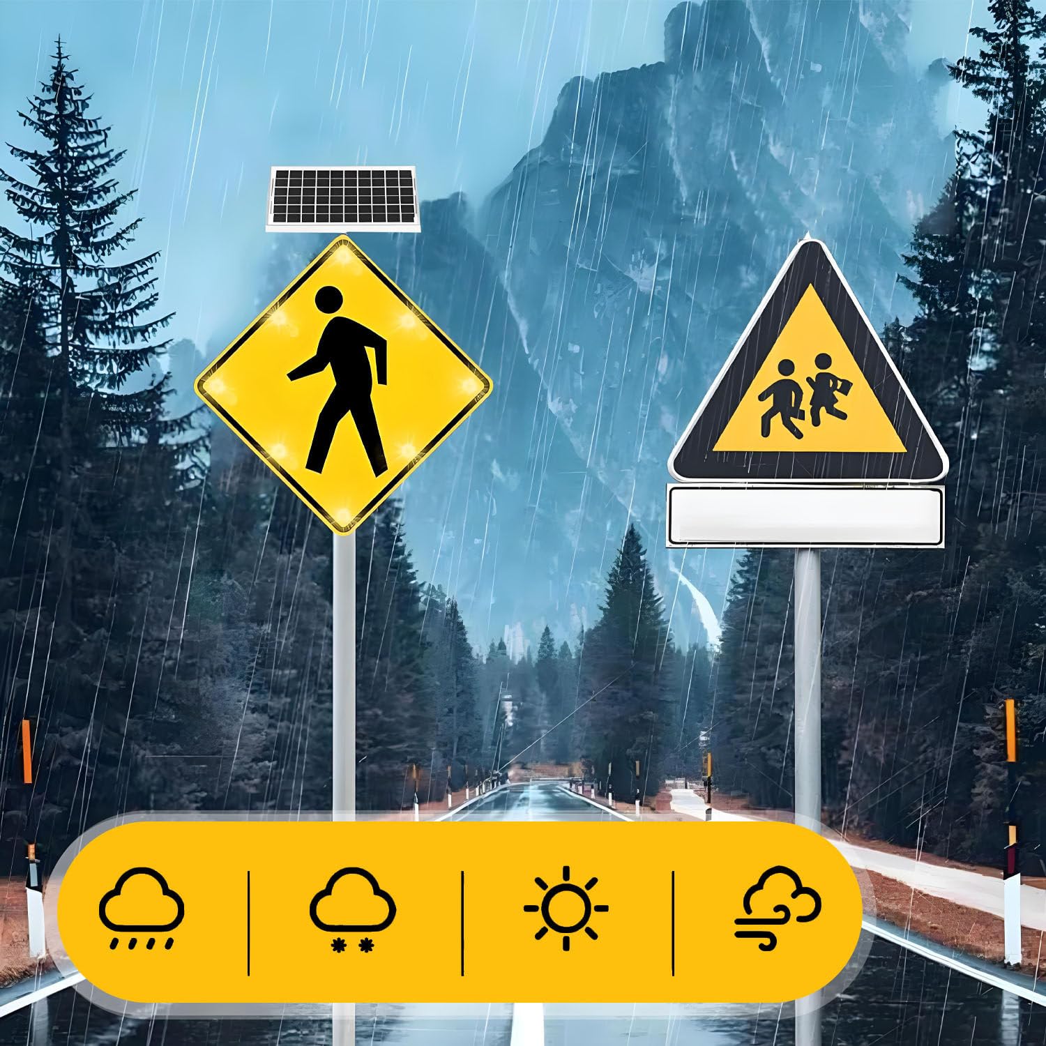 Letrero solar LED intermitente para peatones – Cartel de paso de peatones resistente al óxido de 24 pulgadas para seguridad vial urbana y suburbana – Juego de 2 piezas