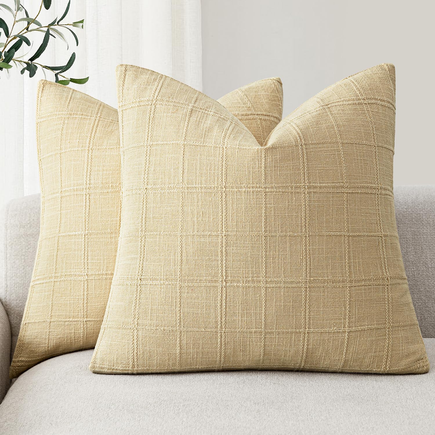 Foindtower Linen Check Decorative Throw Pillow Covers 20×20 Light Yellow
