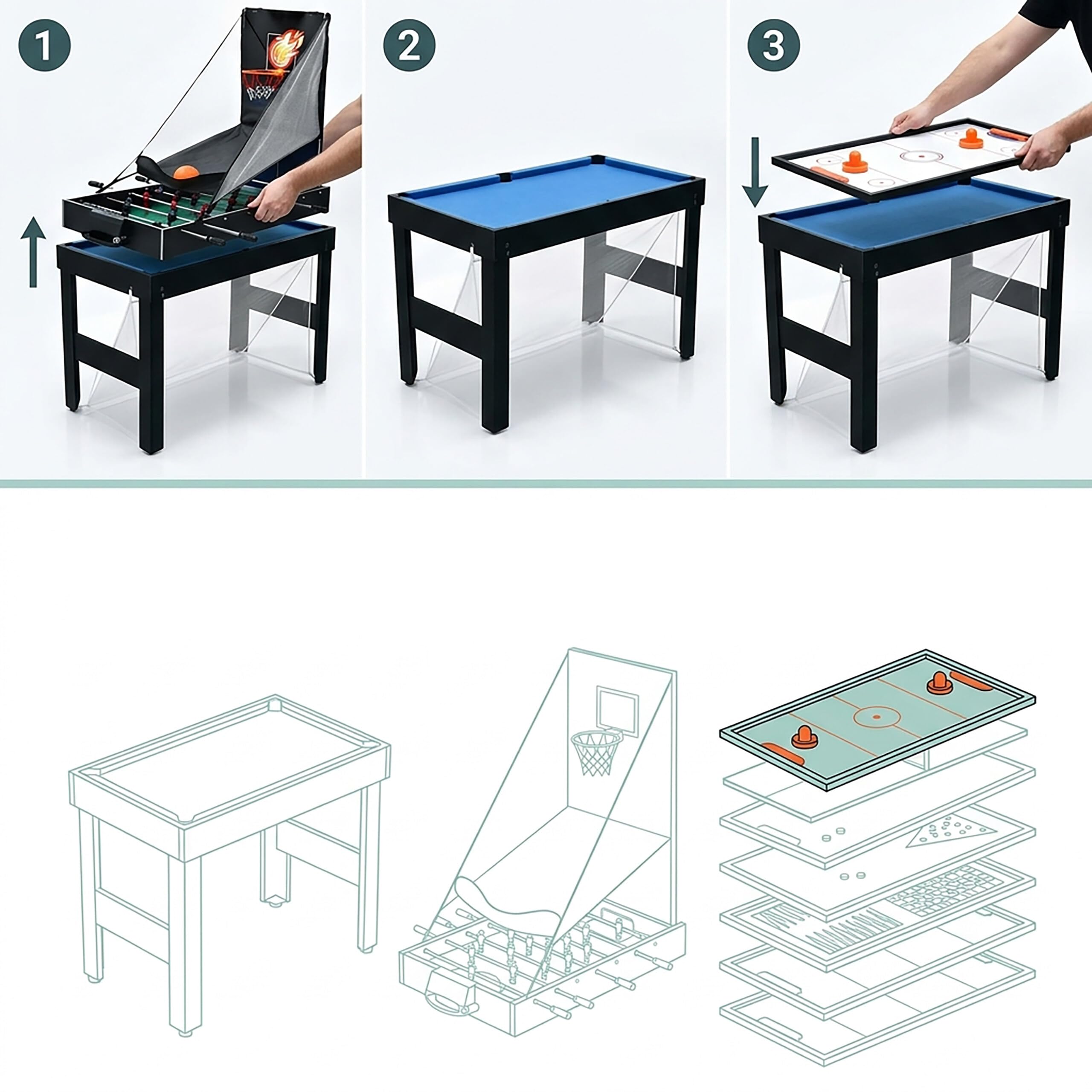Relaxdays Table de Jeu 20 en 1: Baby-Foot, Billard, air Hockey, Noire | ping-pong, basket, poker, bowling et plus