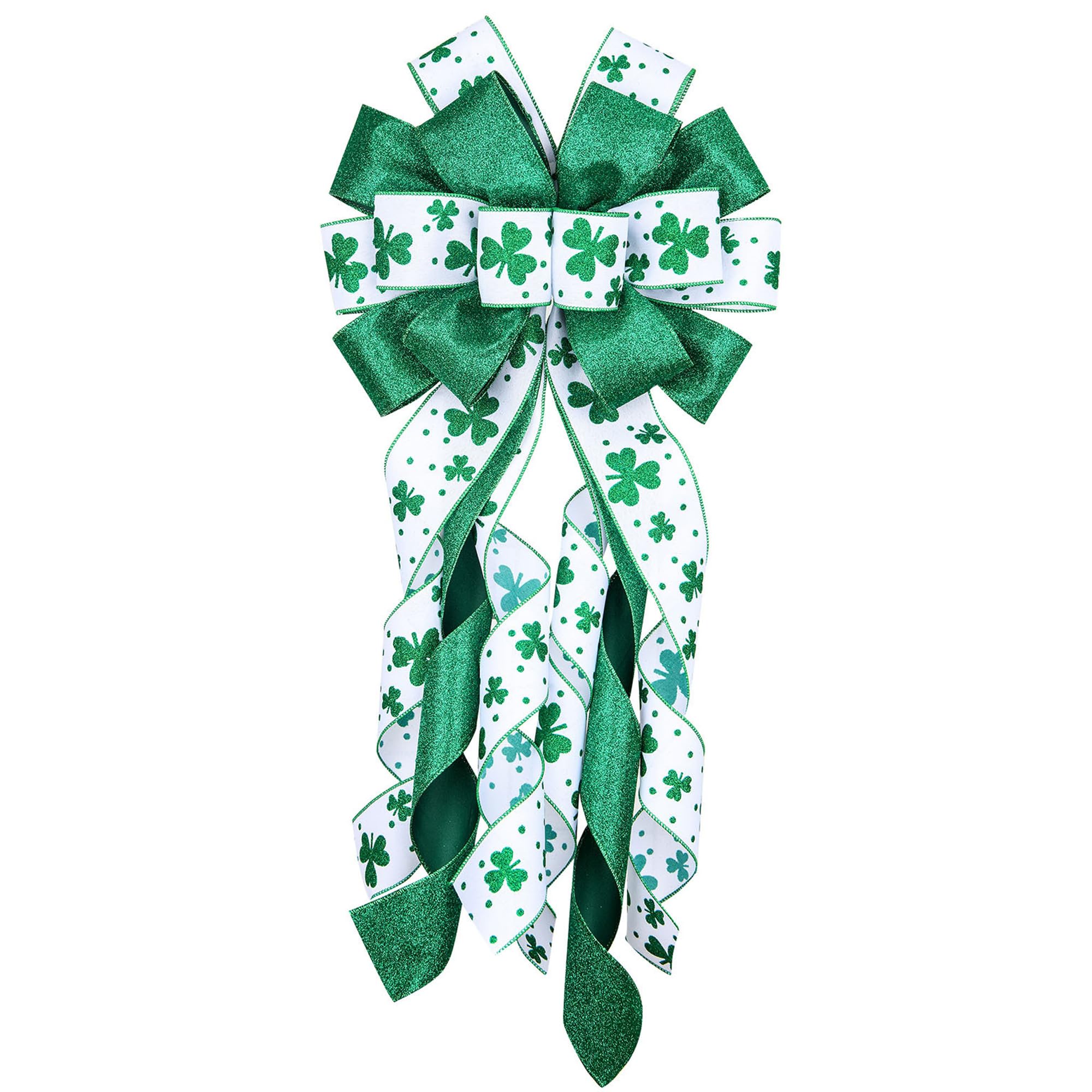 LINGMIN Large Saint Patrick Tree Topper Bows, St Patricks Glitter Green Clover Bows for St. Patrick's Day Home Garden Indoor Outdoor Decoration Wreath Ornament Supplies, 13 x 30 Inches