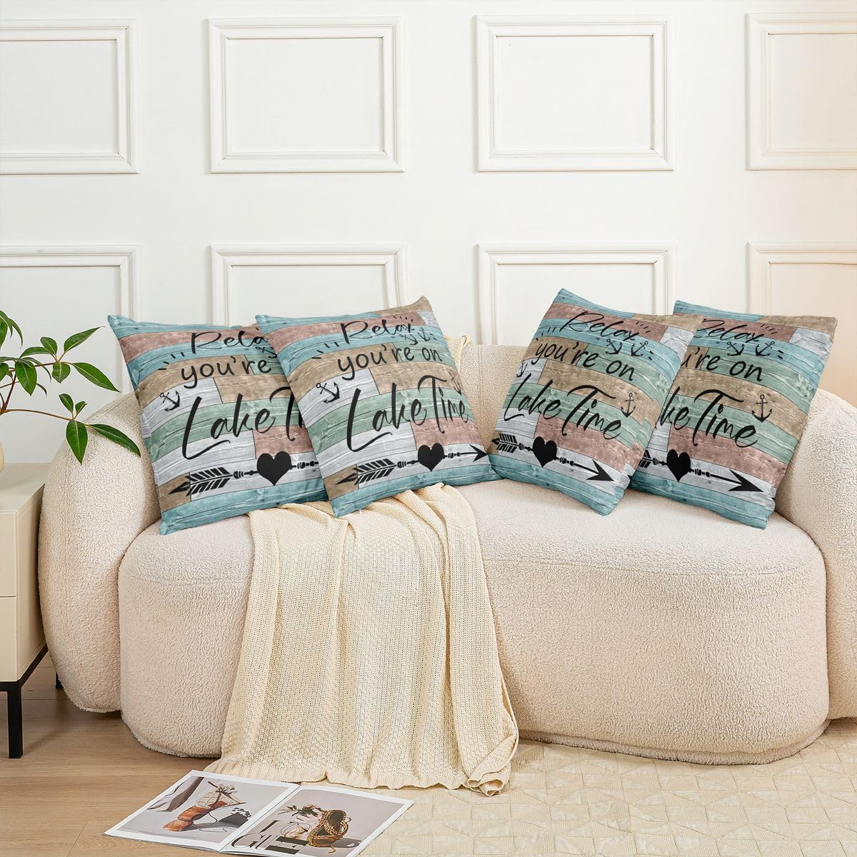 Lake House Decor Throw Pillow Covers, Rustic Wooden Barn Cushion Cases 24x24 Inch Set of 2, Retro Country Farmhouse Cushion Covers for Couch, Grunge Arrows Love Heart Decorative Accent Pillow Cases