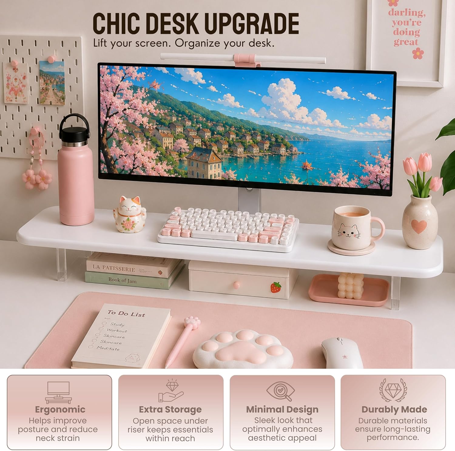 Bamboo Monitor Riser, Wide Desktop Monitor Stand for Desk with Clear Acrylic Legs, 31.5 x 8 inch Bamboo Wood Shelf, Fit Keyboard, Home Office Workspace Accessories, Study Stationaries Storage (White) image 5