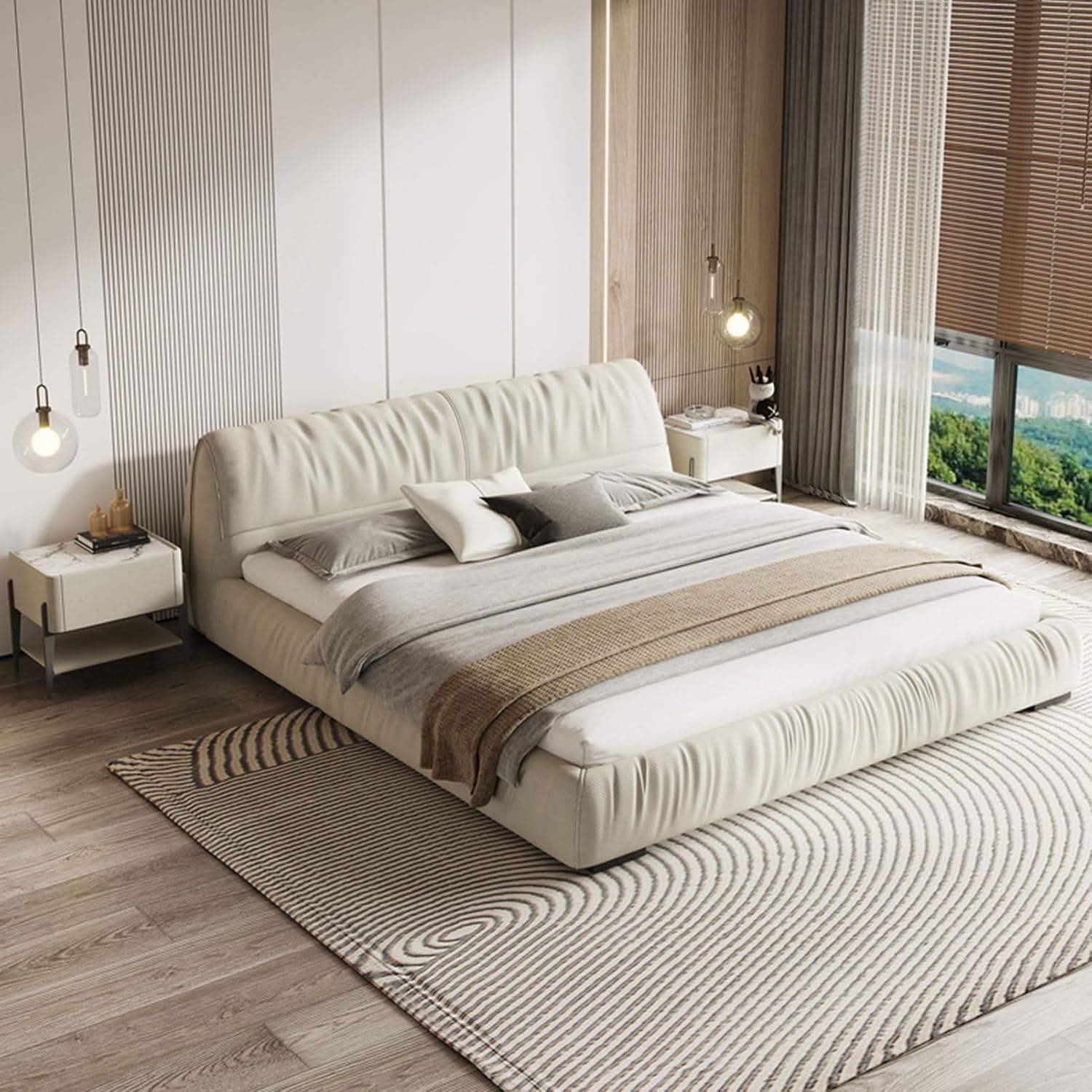 Modern Leather Queen Size Platform Bed Ergonomic Upholstered Headboard with Heavy Duty Wooden Slat Support Noise-Free Beige