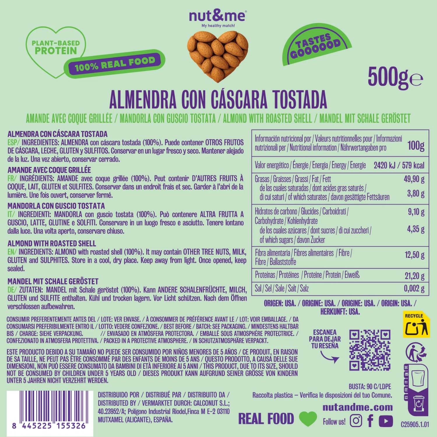 nut&me Almendras Tostadas con Cáscara 1 kg | Almendruco | 100% Naturales | Fuente de proteínas | Alto contenido en fibra | Sin gluten | Pack 2 x 500gr