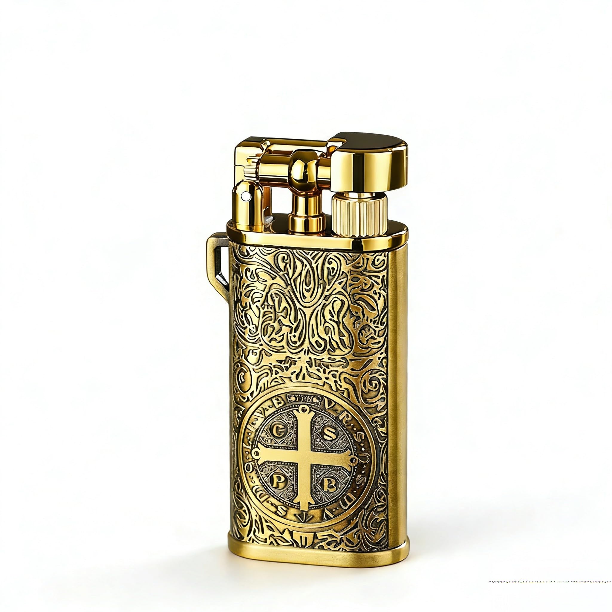 Ewoke Gold Vintage Floral Cross Carved Side Wheel Trench Butane Lighter Lift Arm Open Flame Refillable Butane Lighter For Daily (Gold)