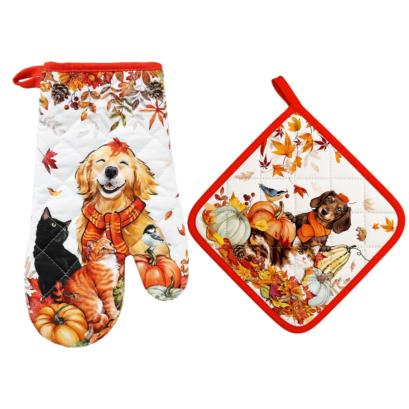 Arquiel Autumn Dog Oven Mitts and Pot Holders Sets, 100% Cotton, 2pcs