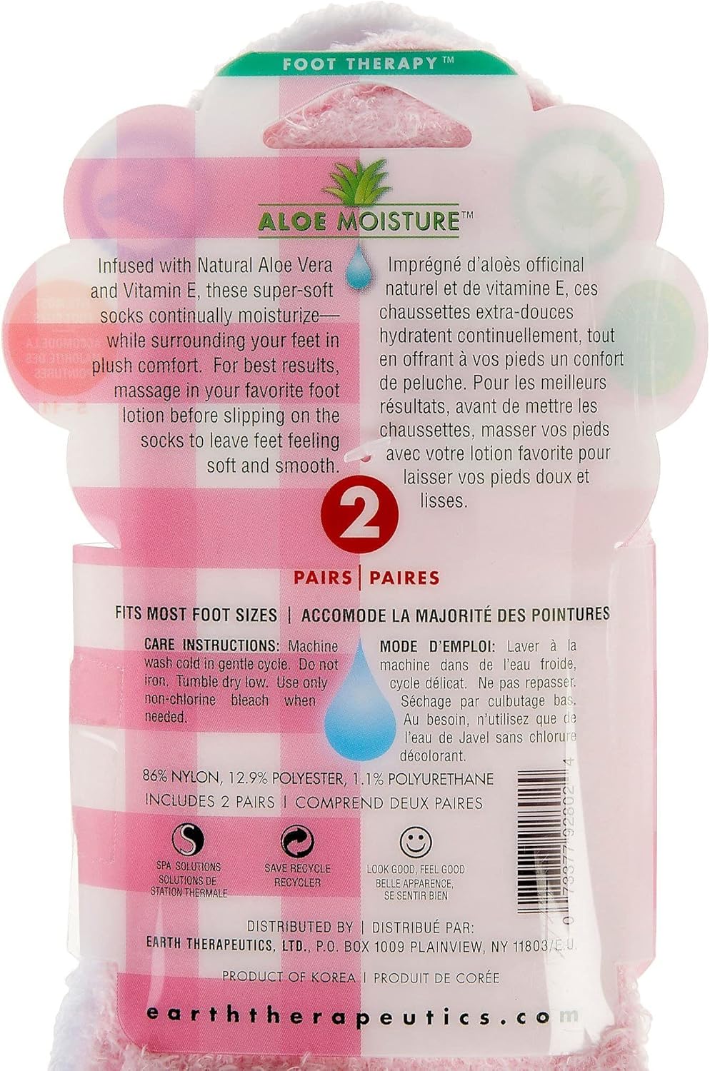 Earth Therapeutics Aloe Socks - Double Pack - PINK PLAID (2 Pairs) : Beauty & Personal Care