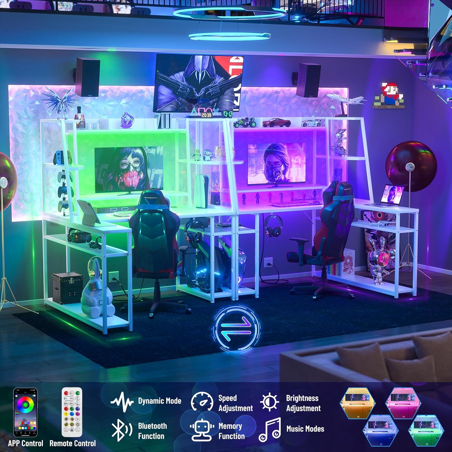 L-shaped gaming desk with RGB LED lights illuminating the hutch area, showing various color options and control methods.