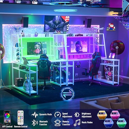 Miniatura 30 de Armocity Escritorio para juegos en forma de L con gabinete y estantes, escritorio para computadora de juegos de 47 pulgadas con luces LED y Roble