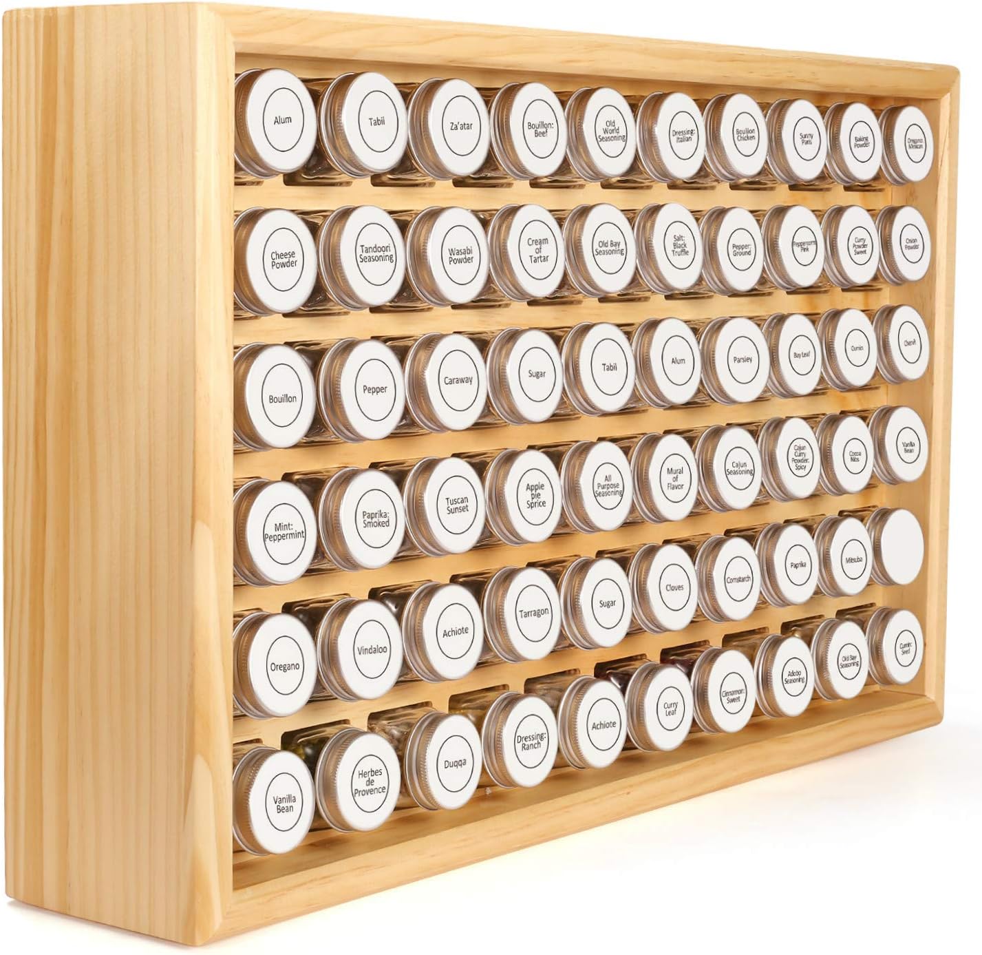 100% Solid Wood Spice Rack, Includes 60 4oz Clear Glass Jars,315 Pre-Printed Labels.Fully Assembled (Beige, 60 Jar)