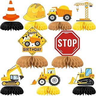 9 PCS Construction Honeycomb Centerpieces Stop Sign Dump Truck Excavator Tractor Table Centerpiece Construction Party Table Decorations for Baby Shower Birthday Sign Party Centerpieces Supplies