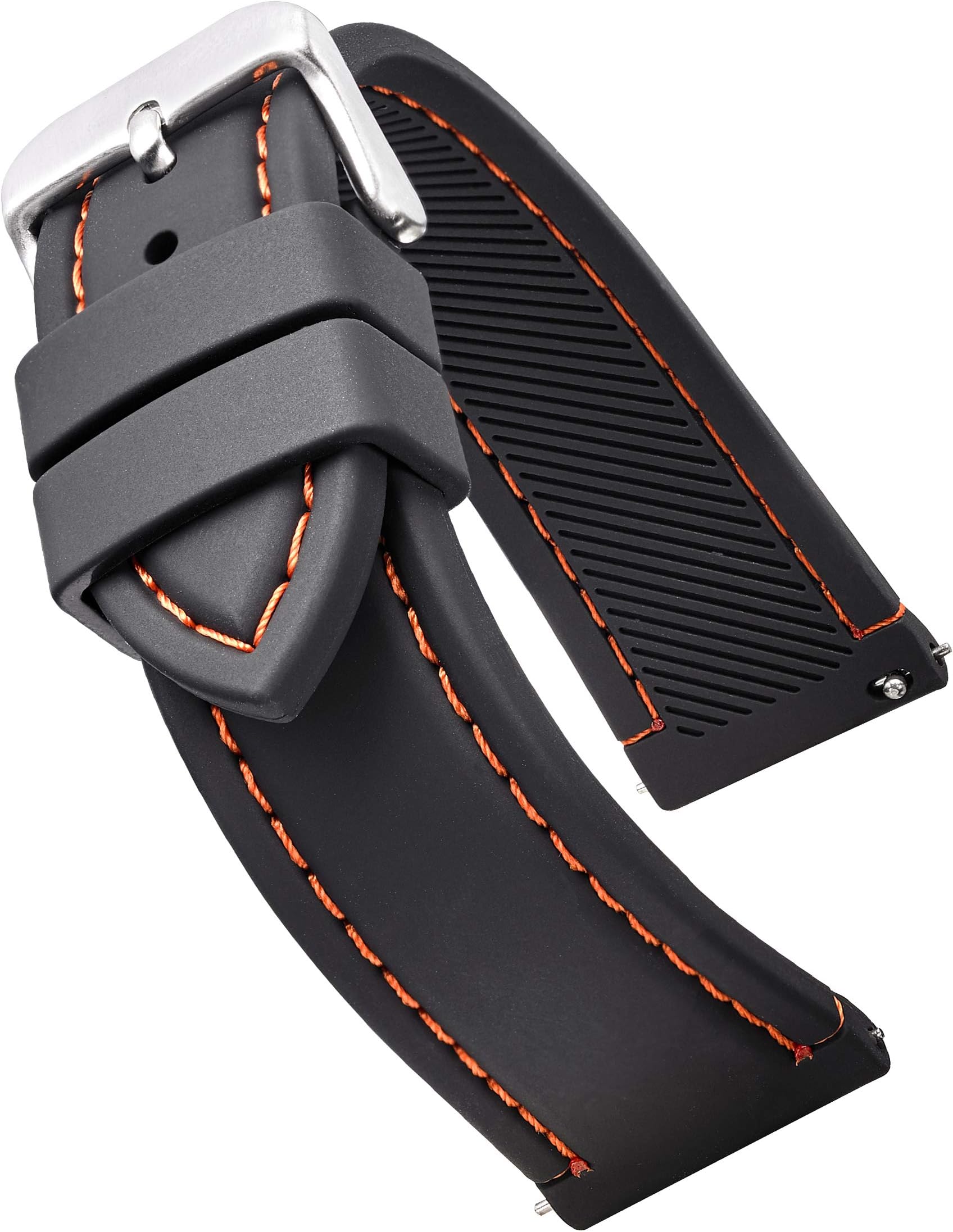 STUNNING SELECTIONALPINE Smooth & sporty silicone stitched watch band with quick release spring bars- Black/White, Black/Red, Black/Blue, Black/Yellow, Black/Orange in sizes 18mm, 20mm, 22mm & 24mm