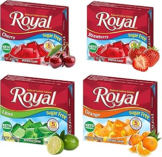 Royal Gelatin Sugar Free Variety Pack of 4 Flavors - 1 Box of Each - Strawberry, Lime, Orange and Cherry - Sugar Free Gelatin Mix - Keto Food or Snacks
