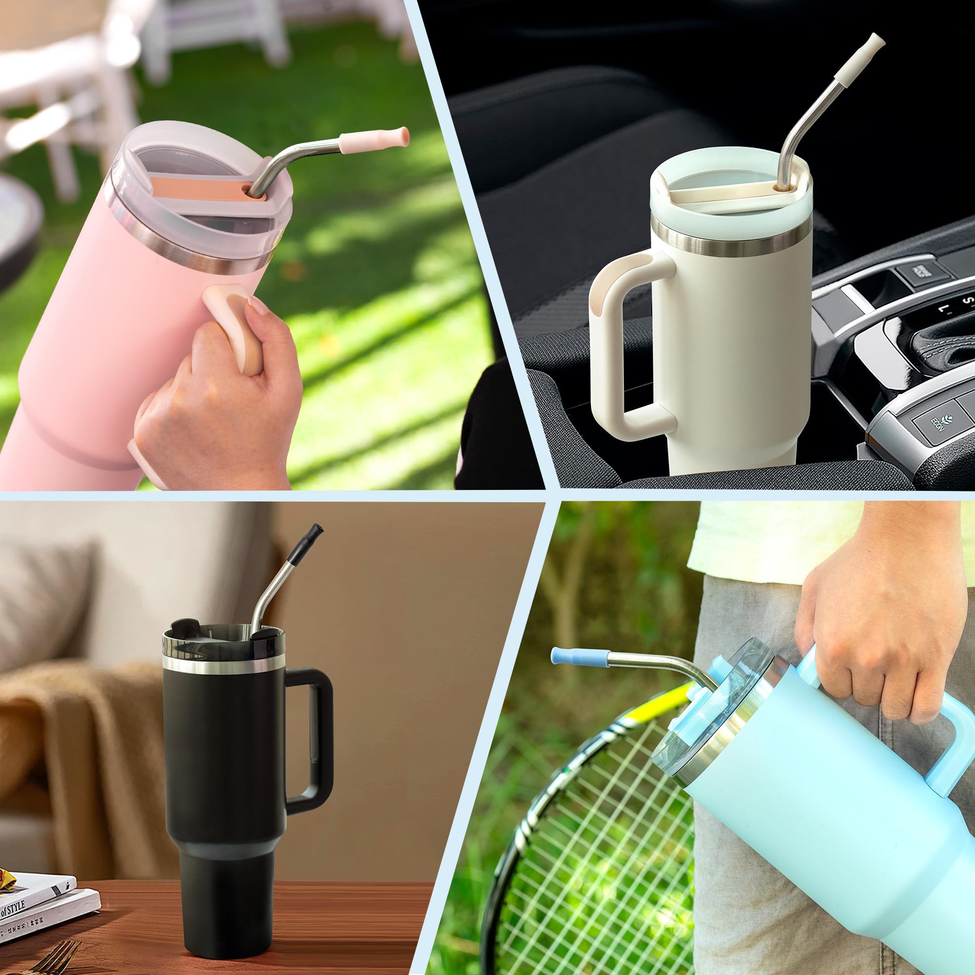 Metall-Trinkhalme mit Silikonspitze für Stanley-Becher, wiederverwendbare Trinkhalme für 1,2 l Becher, 3 biegsame 33,8 cm und 3 schwarze Silikon-Trinkhalme, 1 Reinigungsbürste
