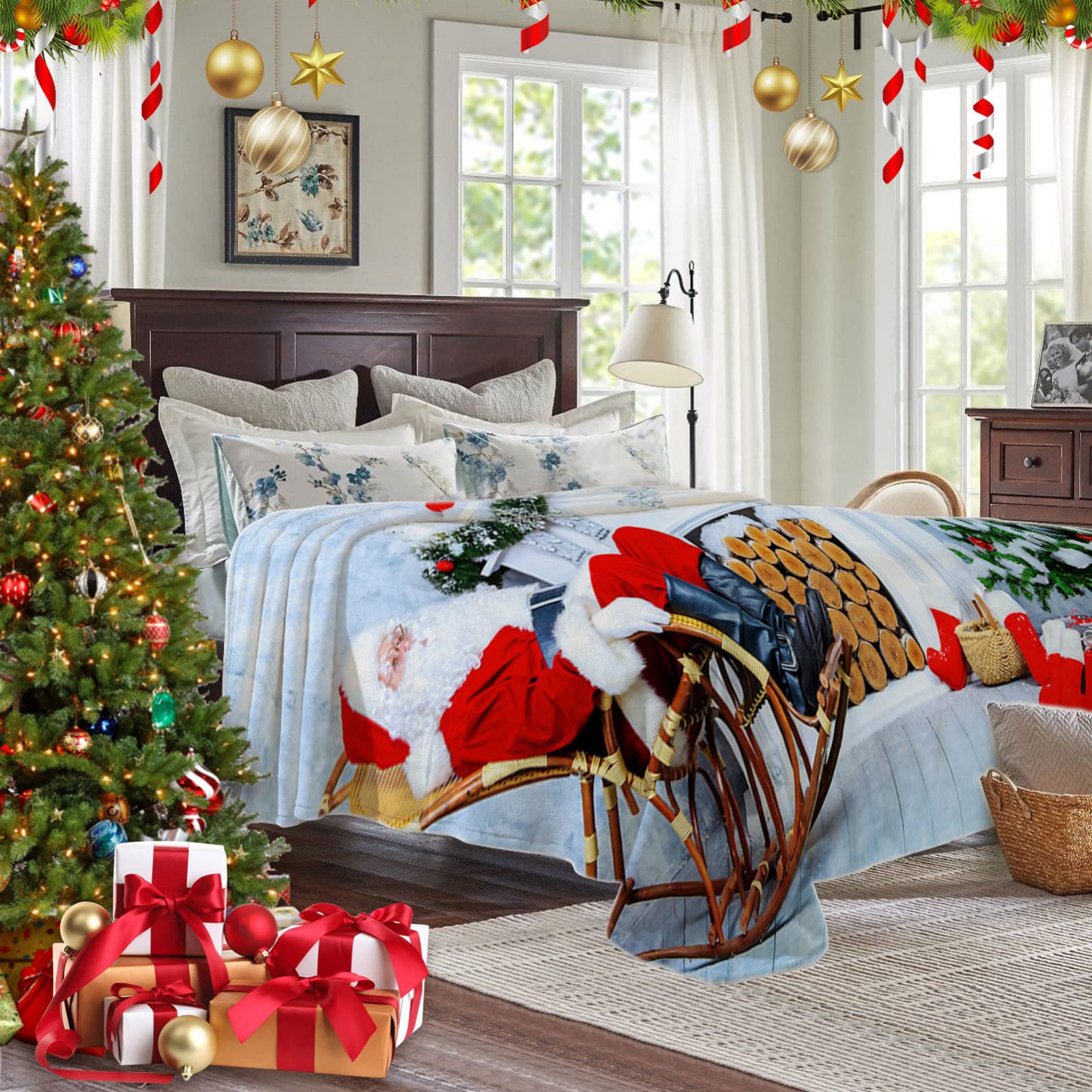 RDJSHOP Manta Navidad, Papá Noel Manta Ultra Suave para Mamá/Hija, Mantas Navideñas de Invierno de Felpa de Franela para Cama y Sofá,150x200cm