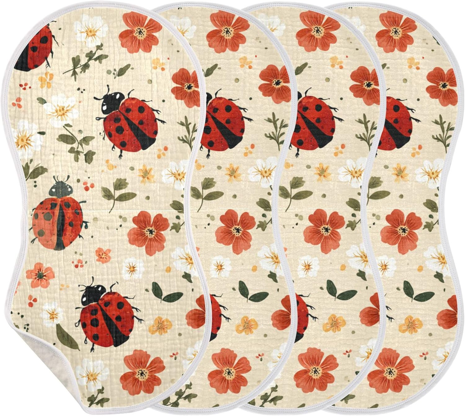 Kawaii Red Ladybug Burp Cloths Baby Boys Girls Absorbent Soft Cotton Burping Cloths Rags, 4 Pack