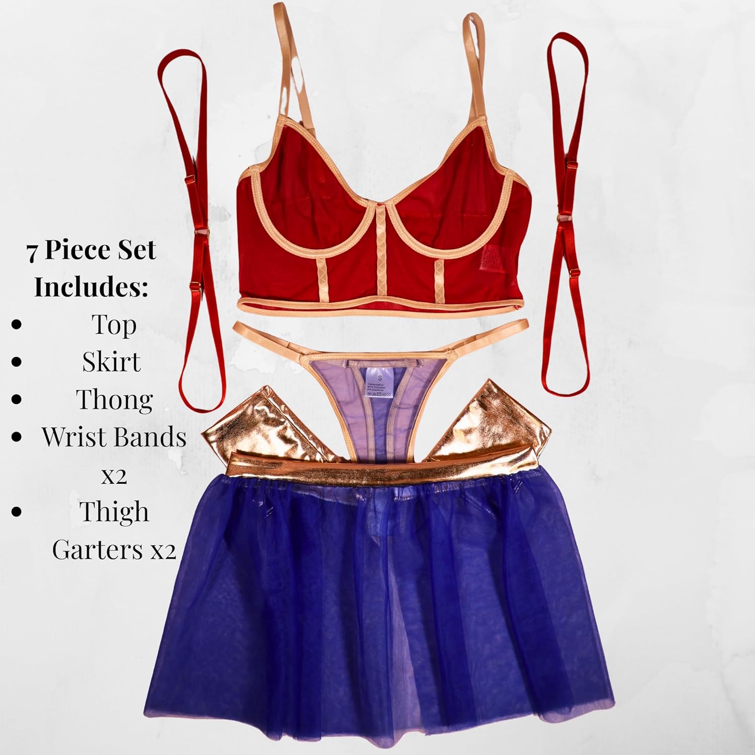 Fantasy Lingerie Set for Women – Red Gold Bustier with Blue Sheer Skirt, Heroine Inspired Roleplay Outfit