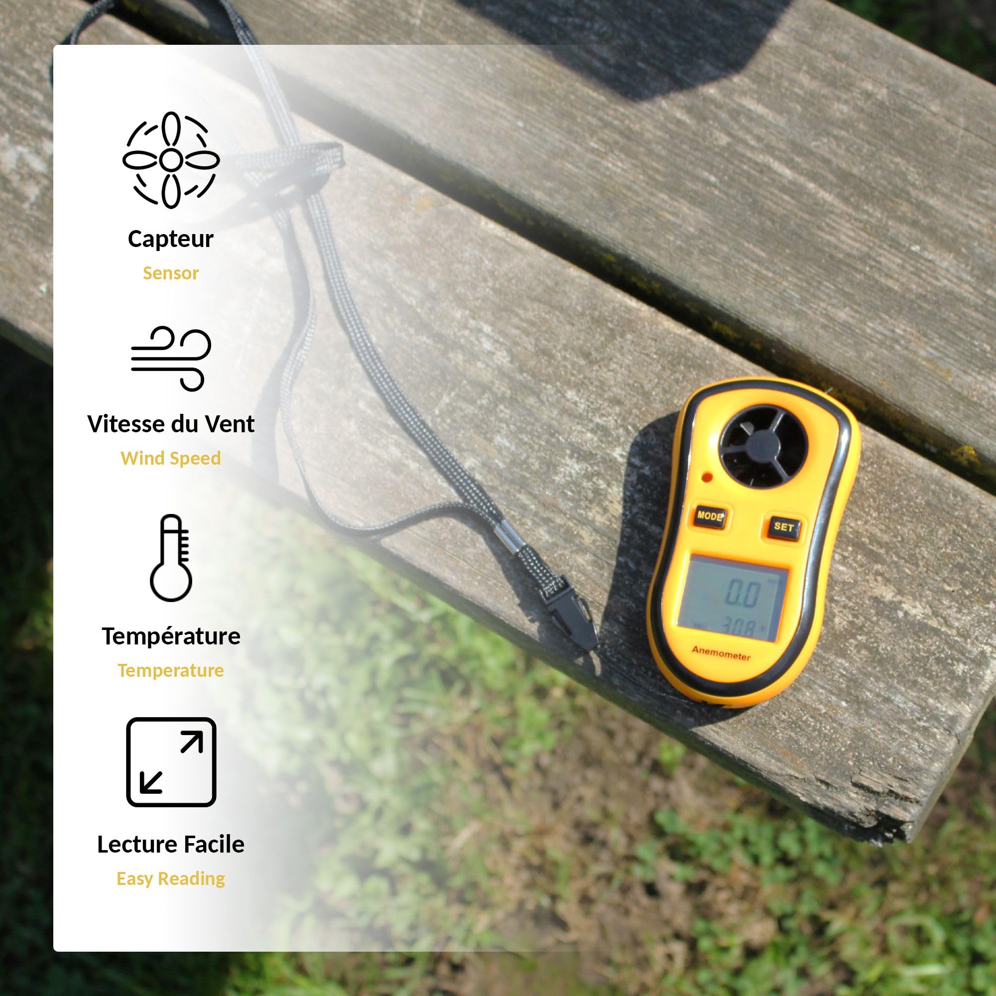 FISHTEC Anémomètre Numérique Portable - Mesure la Vitesse du Vent actuelle/moyenne/maximale + Température - Ecran LCD rétroéclairé - Planche à voile, Pêche, Cerf-volant et Alpinisme - 1 Pile (incluse)