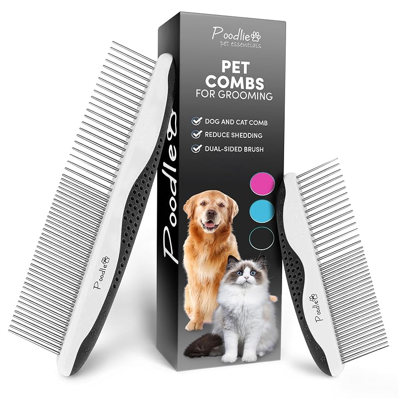 Pente para Cães e Gatos POODLIE com Dentes de Aço Inoxidável e Cabo Antiderrapante, Preto, Pacote com 2