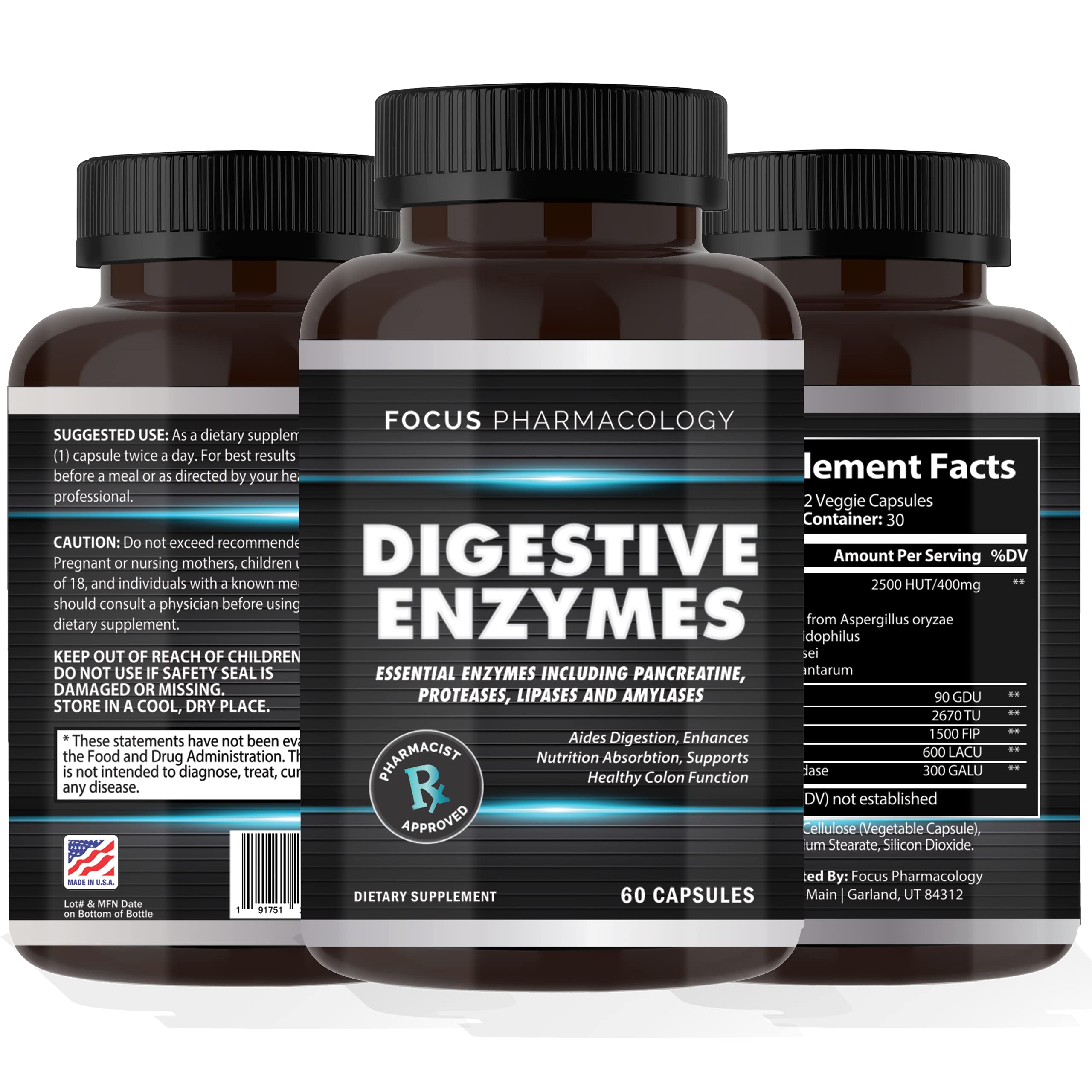 Focus Pharmacology Digestive Enzymes and Priobiotics Blend - 60 Ct Protease, Lipase, Lactase, Galactosidase, Acidophilus, Casei, Plantarum