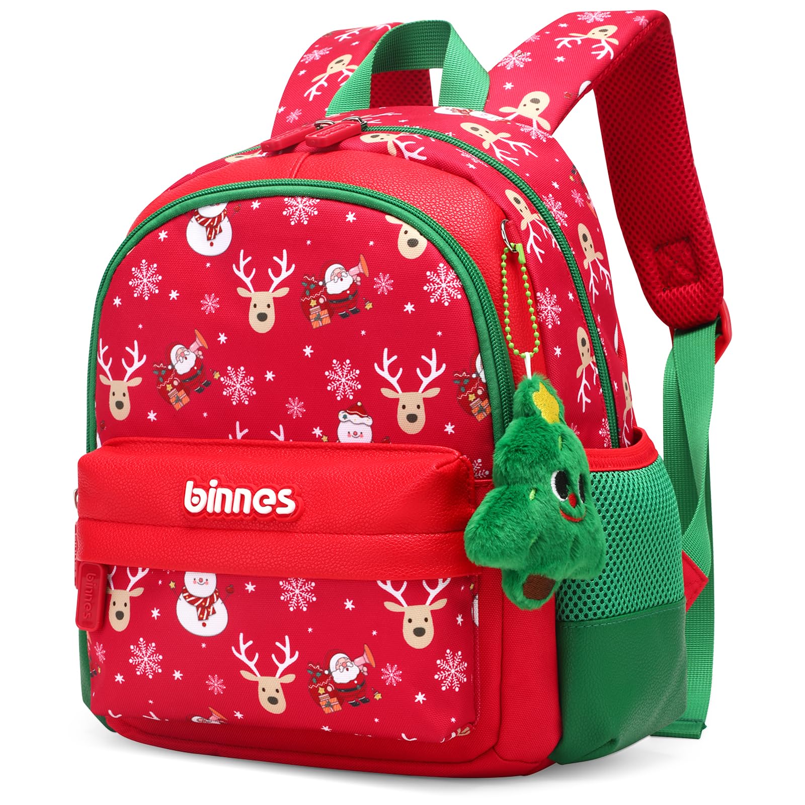 Kids Christmas Backpack with Santa Reindeer Print Waterproof Holiday School Bag with Plush Tree Keychain Gift Bag Perfect