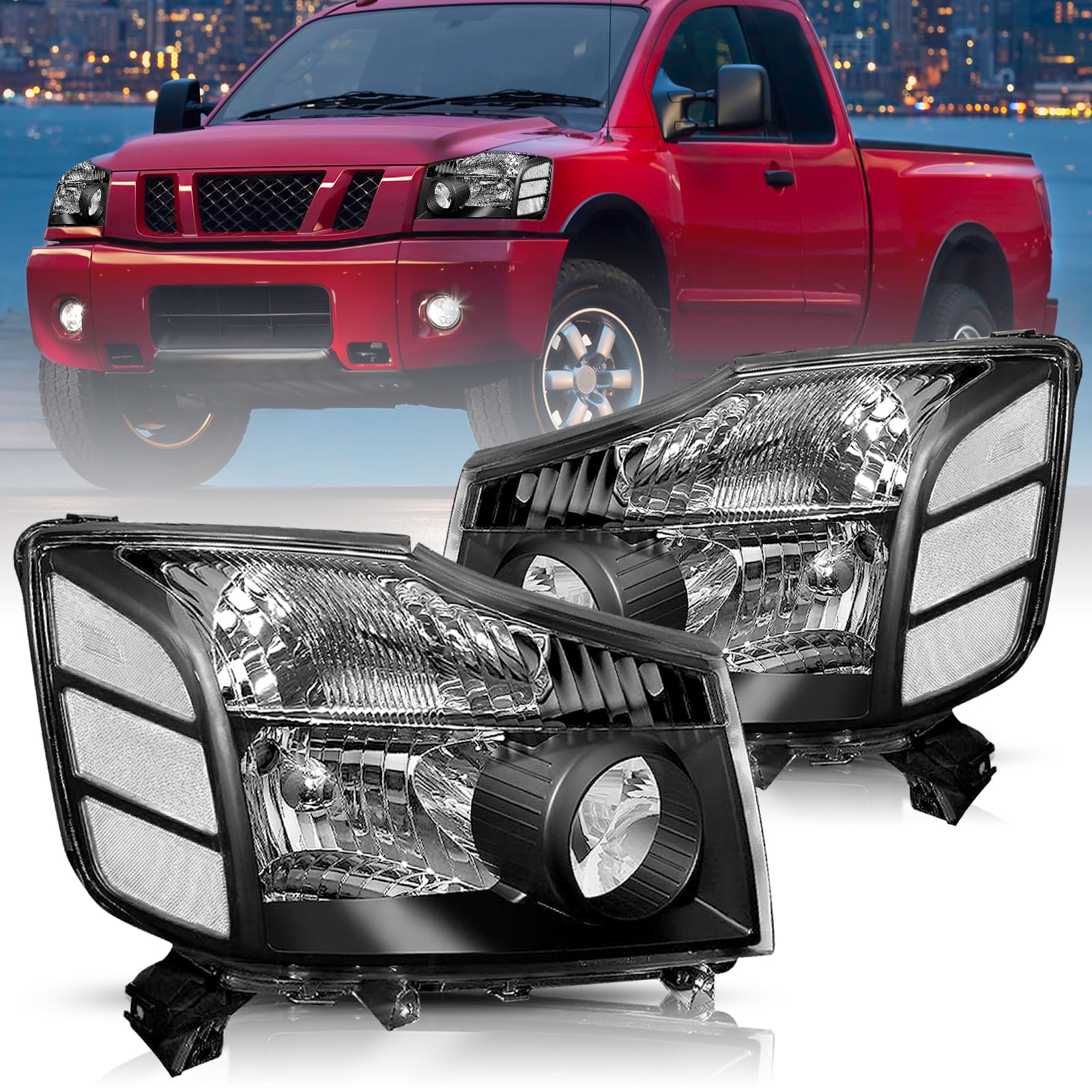 Bingbingmotor Headlight Assembly Compatible with 2004-2015 Nissan Titan / 2005-2007 Armada Left and Right Side Black Housing with Clear Reflector Headlamps