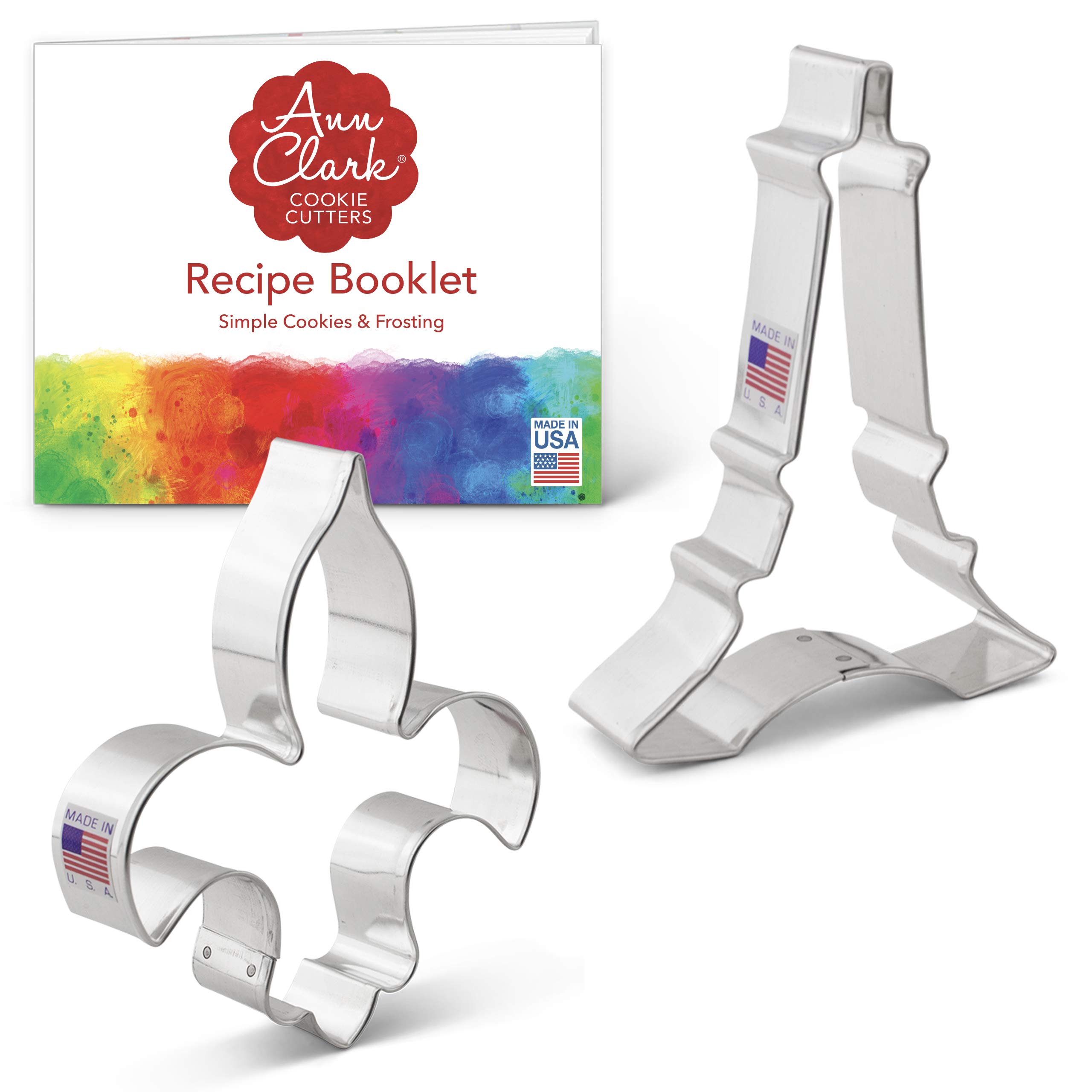 Vive La France Cookie Cutter Set with Recipe Booklet - 2 piece - Eiffel Tower and Fleur de Lis - Ann Clark - USA Made Steel