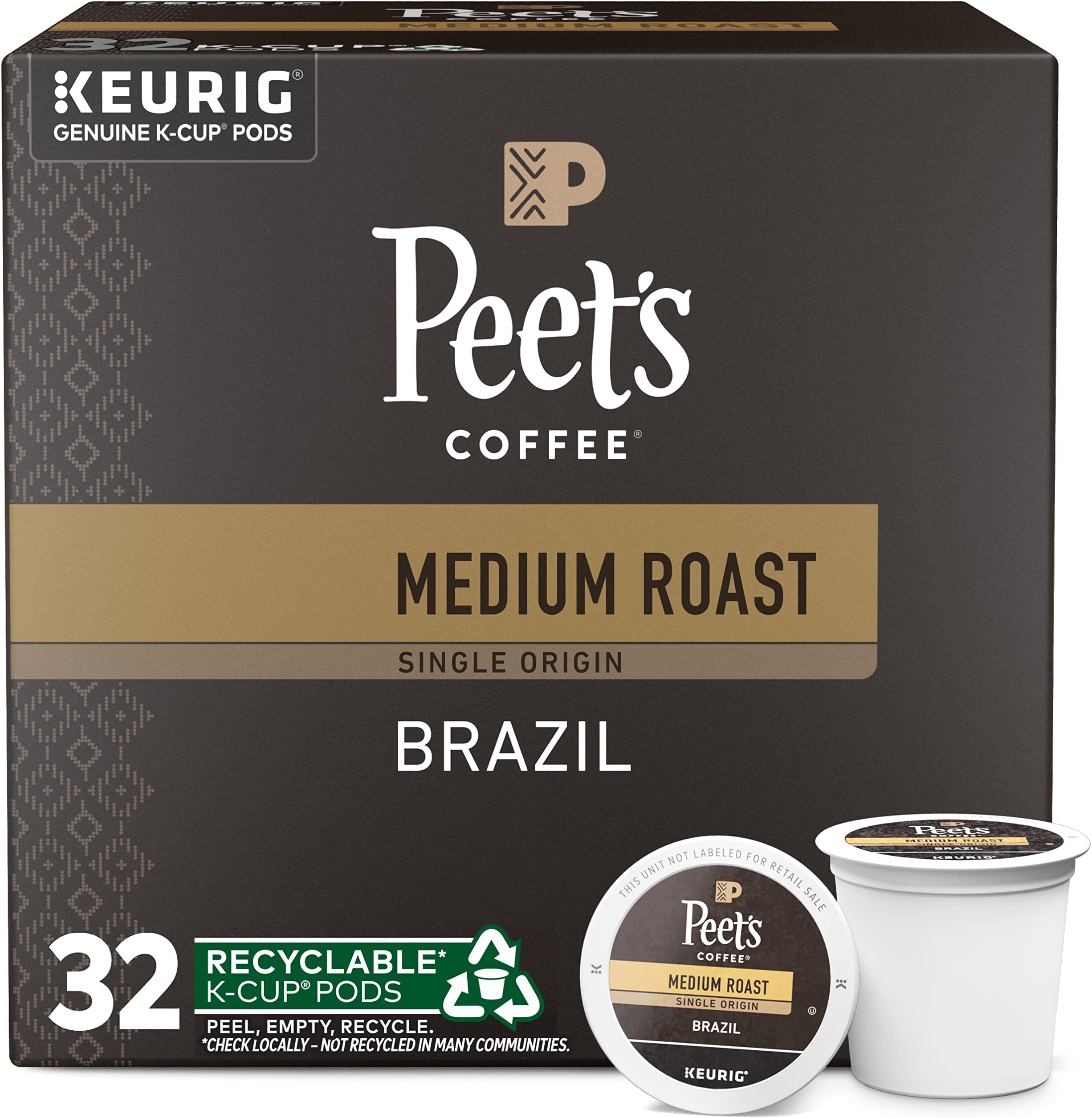 Peet's Coffee, Medium Roast Keurig K-Cup Pods - Single Origin Brazil 32 Count (1 Box of 32 K-Cup Pods)