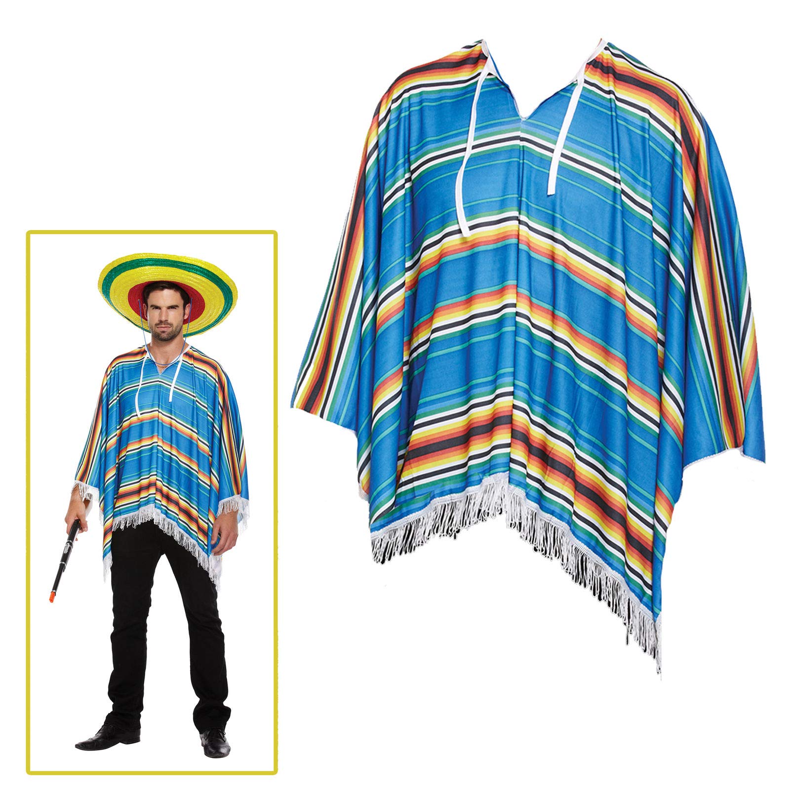 Mega_JumbleSale® Men's Poncho Blue Tequila Bandito Mexican Cowboy Fancy  Dress Costume Fun Theme Party Stag Night Club Cosplay Dress Up