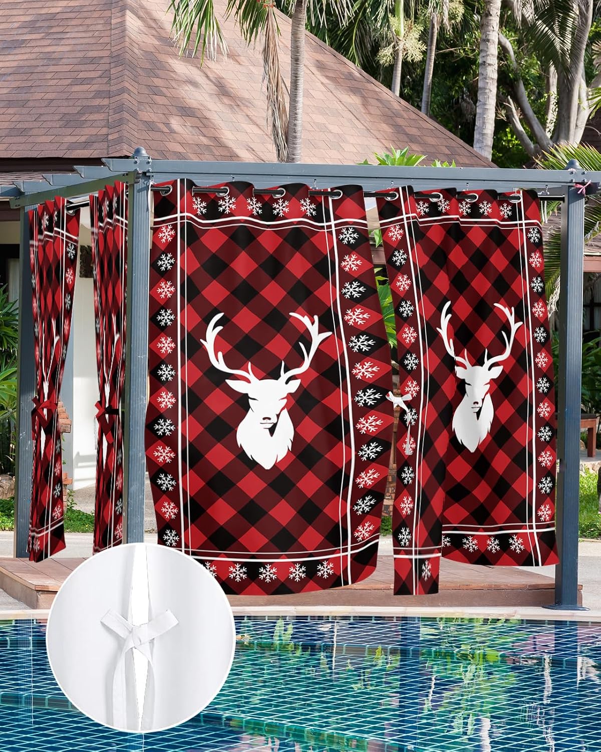 Outdoor Curtain for Patio Waterproof, Christmas Elk Snowflake Red and Black Plaid Windows Curtains Panels Light Filtering Outside Drapes for Living room/Pergola/Garden/Balcony 52"W x 84"L x 2