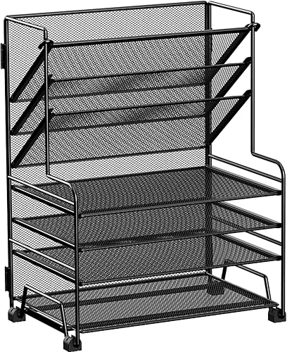 Organizador de papel de 4 niveles + soporte para archivos de 3 bolsillos + cajón + soportes para bolígrafos, organizador de archivos de escritorio