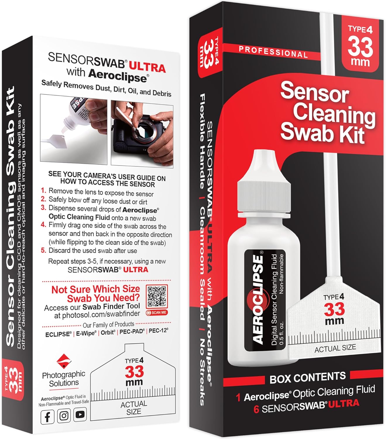 Sensor Cleaning Swab Kit - Aeroclipse Non-Flammable Optic Cleaning Solution (0.5oz/15ml) + Type-4 Sensor Swab Ultra 33mm (Pack of 6) - for Medium Format CMOS and CCD Sensors - Dust & Oil Remover