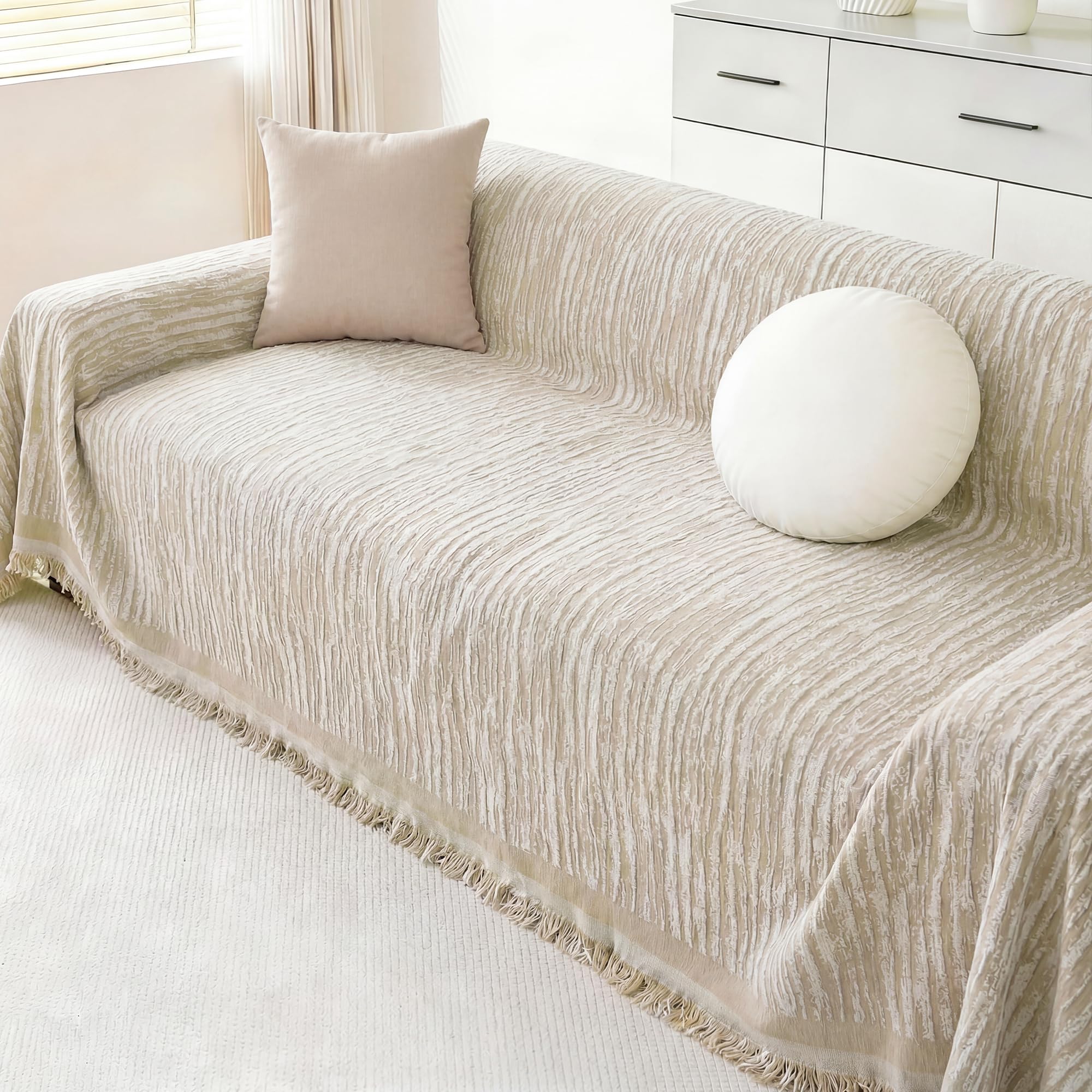 Edlbaegy Boho Sofa Cover 2 3 Seater Chenille Sofa Slipcovers AB Double-Sided Corner Couch Covers with Tassel Washable Settee Protector for Furniture Loveseat Futon L Shaped Sofa (Khaki,180x260cm)