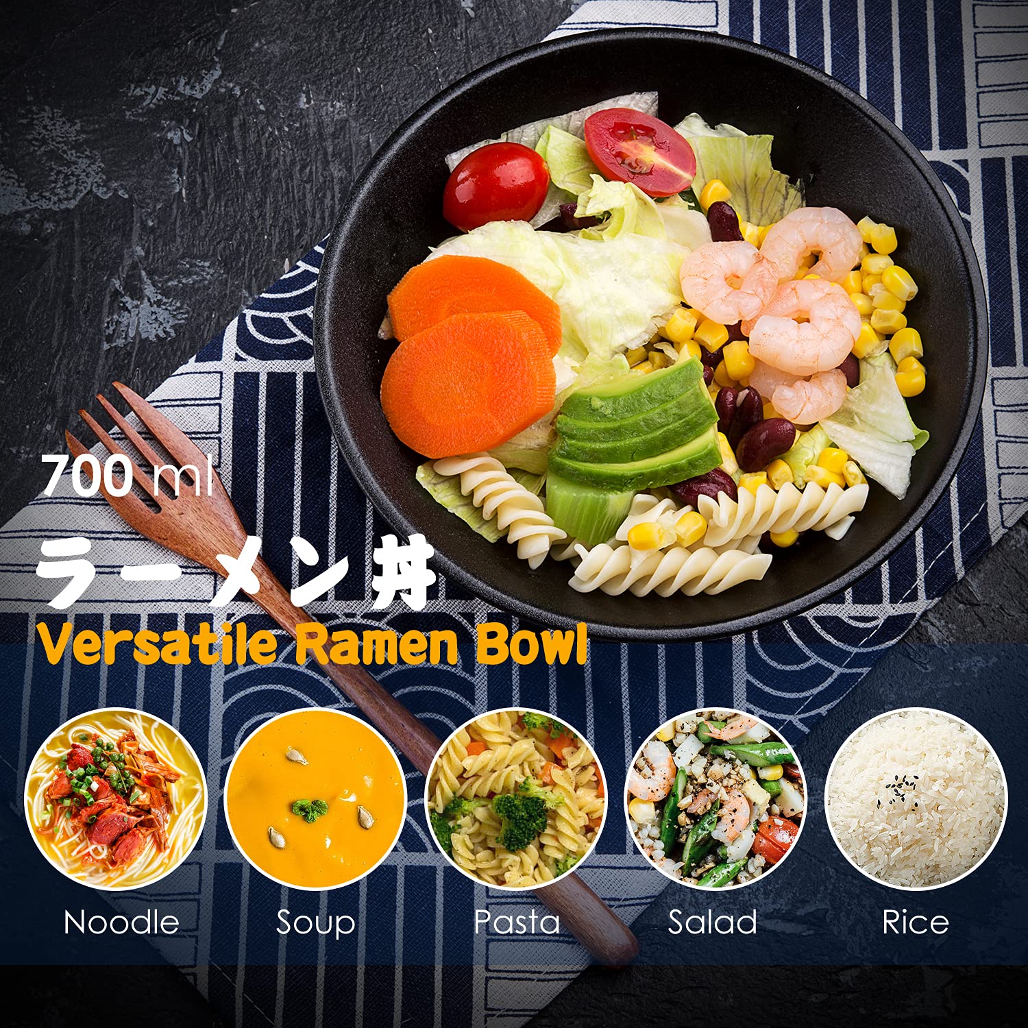 Lot De 2 Bols à Soupe En Porcelaine 1500ml Avec Cuillères Et Baguettes - Udon, Pâtes, Soba, Salade - Bleu