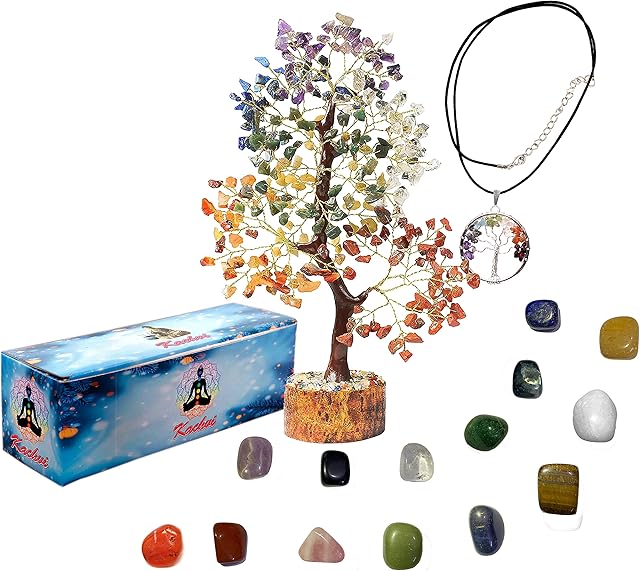 KACHVI Crystal Tree. Spiritual Meditation Crystal Gifts For Women. Crystals And Gemstones Tree.Home Office Décor. Ornaments For Living Room.300 beads.With14 Natural Tumbled Stone And Tree of Life.
