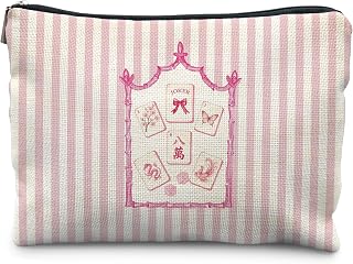 Preppy Mahjong Pink Striped Makeup Bag for Women | Mahjong Accessories and Gifts, Mahjong Lover Gifts Cosmetic Toiletry Bag Zipper Makeup Pouch Organizer Case for Travel Beach