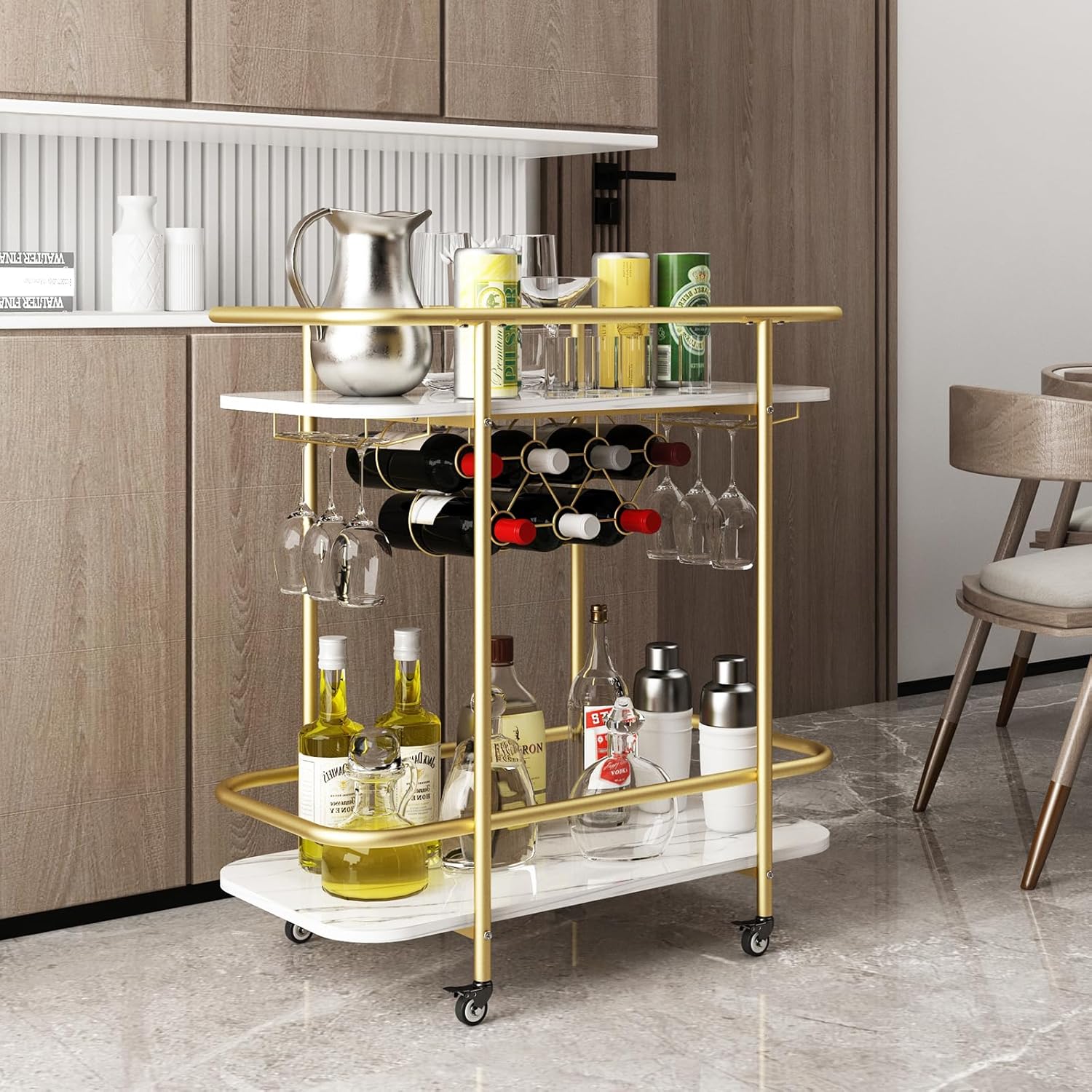 MORITIA Gold Bar Cart with 4 Wheels 2 Tier Rolling Drink Trolley Beverage Serving Cart for Entertaining, Mobile Wine Cart with Handles Drink Cart for Kitchen, Dining Room, Living Room, Party