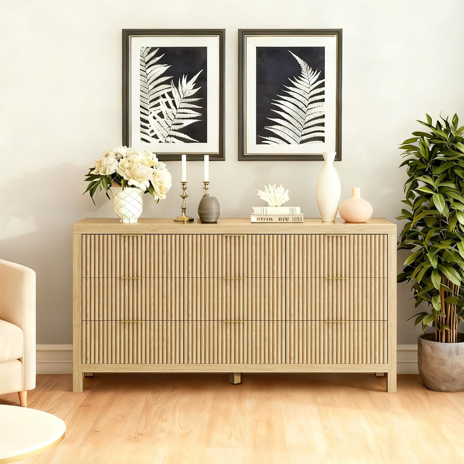 ZXSHD 9 Drawers, Modern Large Chest Mid Century Modern Dresser TV Stand, Storage Organizer Dresser with Solid Natural Wood Legs for Bedroom, Living Room, Hallway, Natural Oak