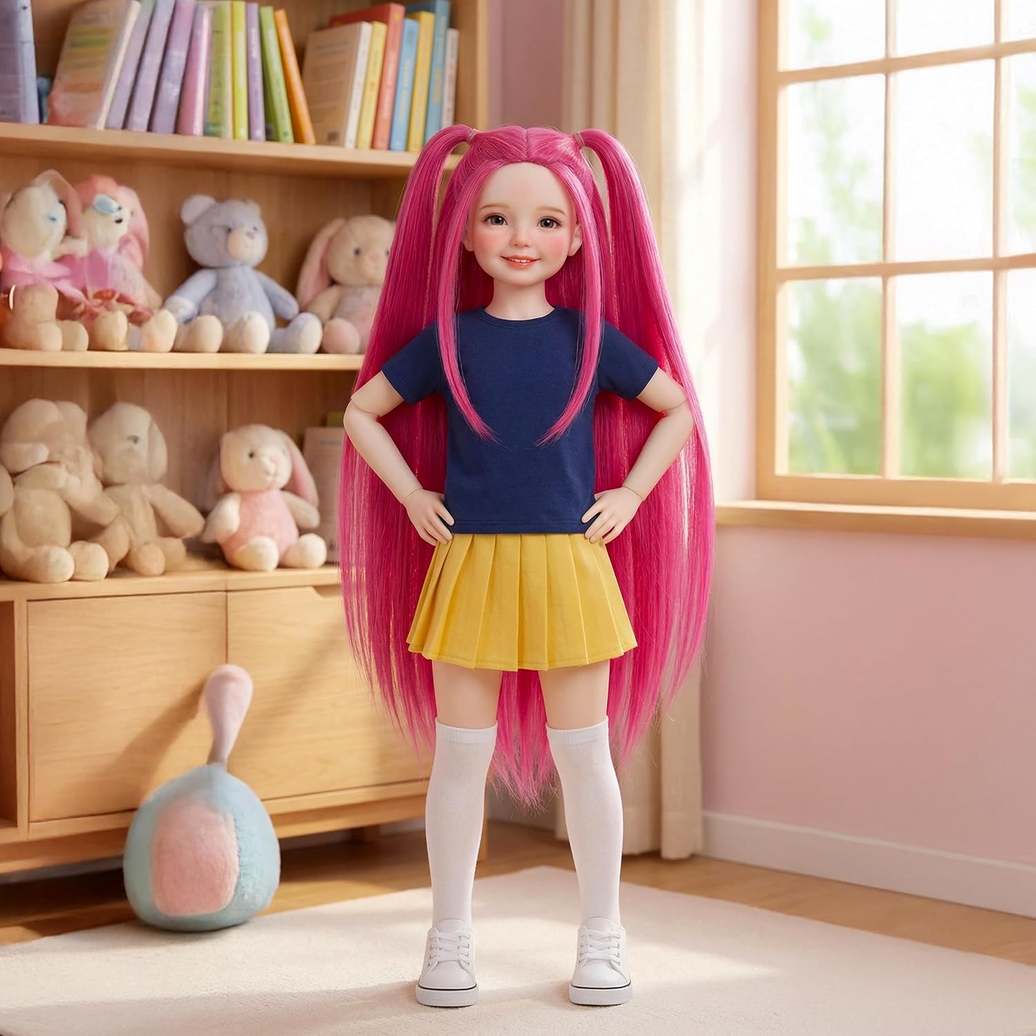 Long Straight Hot Pink with 2 Pigtails 1/3 BJD SD DOD Doll Wig Fit for 8-9 inch Head 1/3 Bjd Dolls Wigs