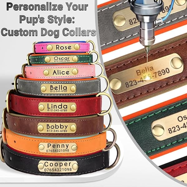 SEOUGEE Genuine Leather Dog Collar Personalised, Soft Padded Leather Dog Collars Heavy Duty with Custom Engraved Name Plate Adjustable for Small Medium Large Dogs (M, Red 28-37cm) - 4