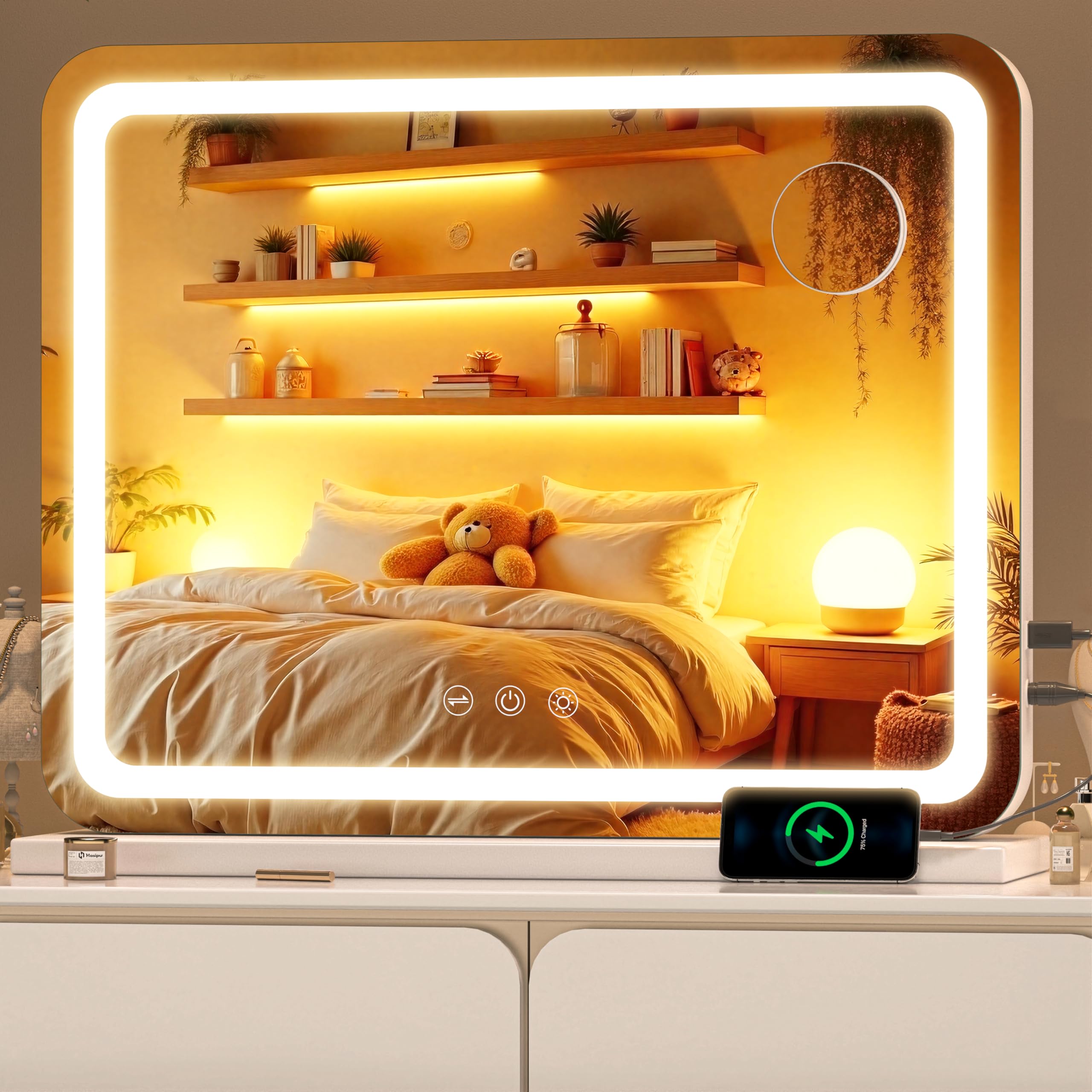 Kosmetikspiegel mit Lichtern, 58,4 x 45,7 cm, LED-Make-up-Spiegel mit 10-facher Vergrößerung, dimmbar, 3 Modi, Speicherfunktion, Smart Touch, USB-Ladeanschluss, beleuchteter Make-up-Spiegel