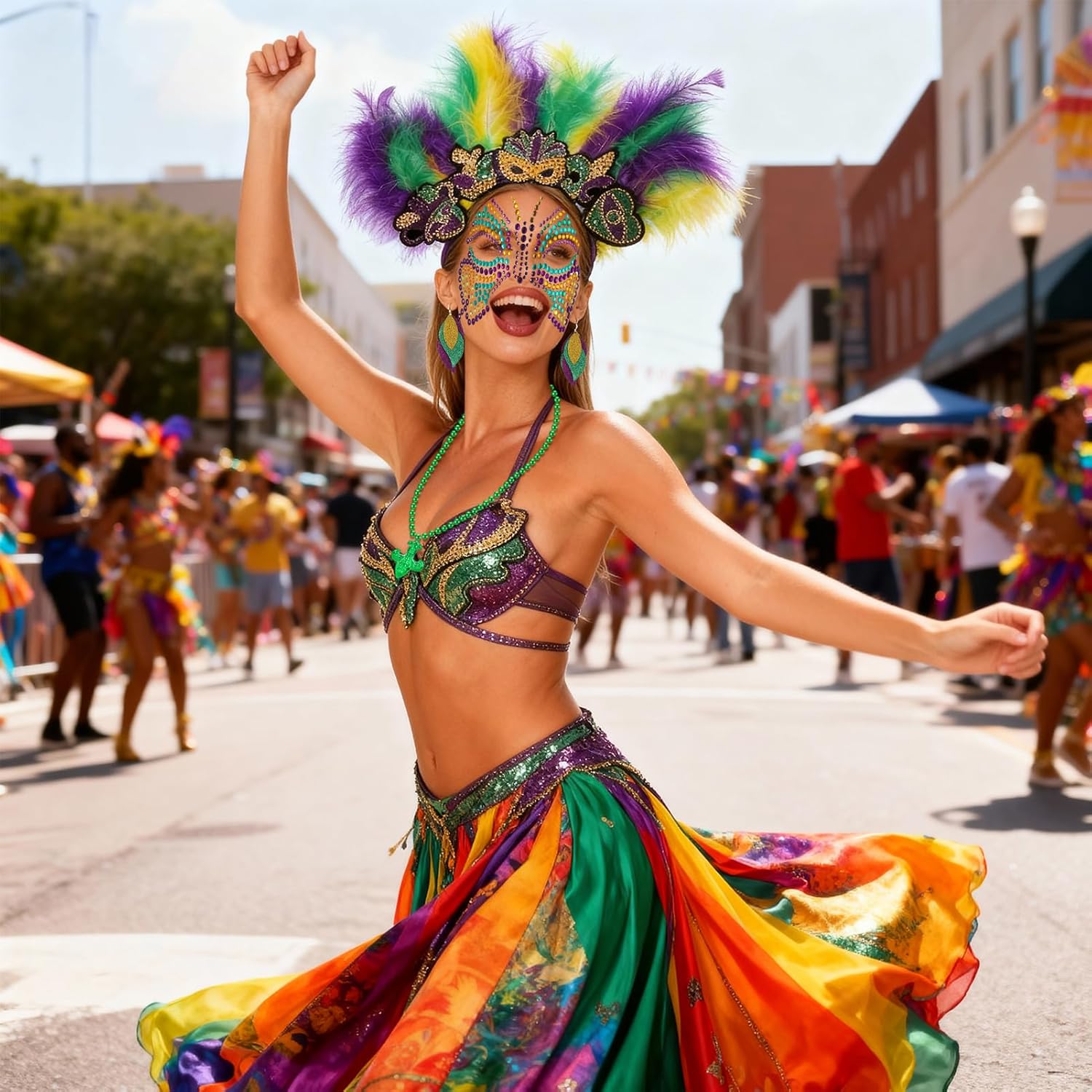 Halloween Carnival Mask Costume Accessory Set, Faux Feather Headpice Butterfly Diamond Face Stickers Headband Beads Necklace Earrings for Anniversary Carnival Festival Outfit Women - Image 2