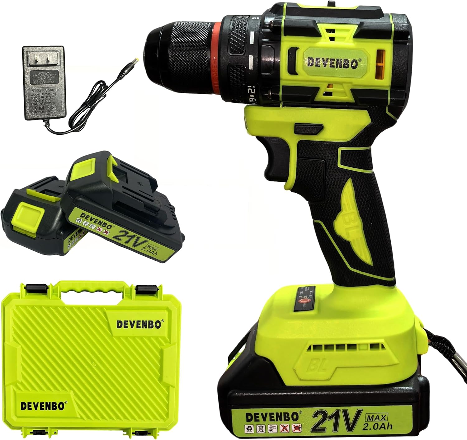 Taladro Eléctrico Portátil Devenbo 21V, Motor Sin Escobillas, 2 Baterías
