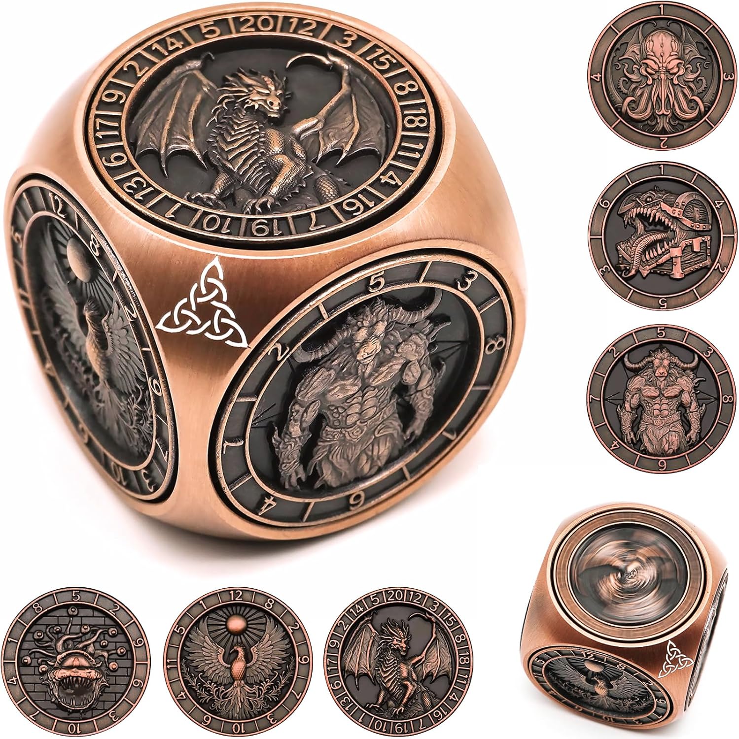 DND Spinner Dice, 7 in 1 Unique Metal Dice Set with 3D Relief for Dungeons and Dragons Gifts, Cool Polyhedral Role Playing Game Dice, Fantasy D&D Tabletop RPG Accessories for DM & Player (Copper)