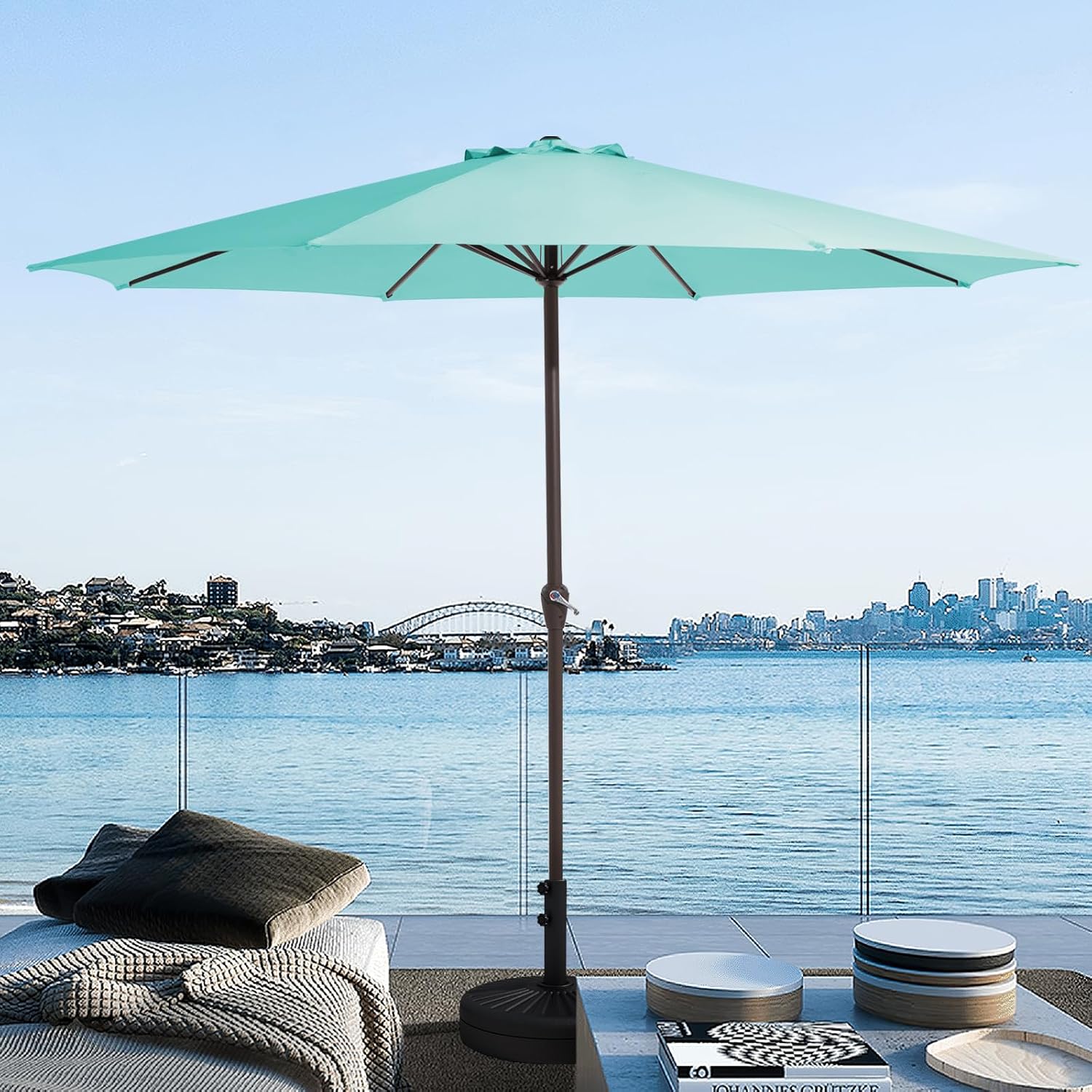 jearey 9’ patio umbrellas outdoor table market umbrella w/crank, 8 sturdy ribs, uv protection windproof for garden, deck, backyard, pool(teal blue) 12ft teal blue