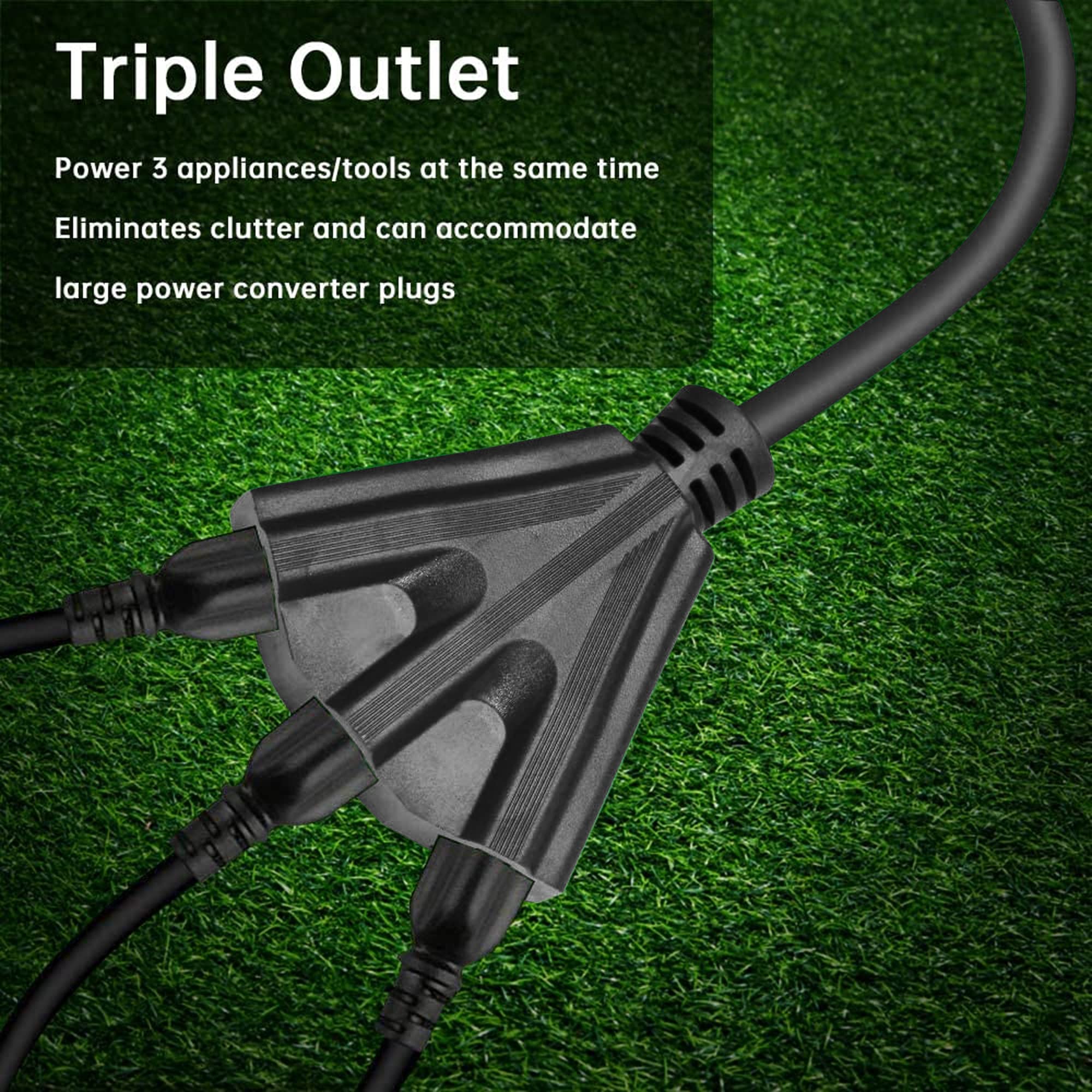 30FT Outdoor Extension Cord with 3 Electrical Power Outlets - 16/3 SJTW Durable Black Cable with 3 Prong Grounded Plug for Safety,Great for Outdoor Christmas Decorations