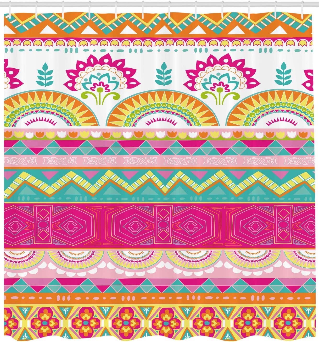 Ambesonne Ethnic Shower Curtain, Charming Folkloric Bohemian with Flowers Triangles Artwork, Cloth Fabric Bathroom Decor Set with Hooks, 69" W x 75" L, Pink Seafoam