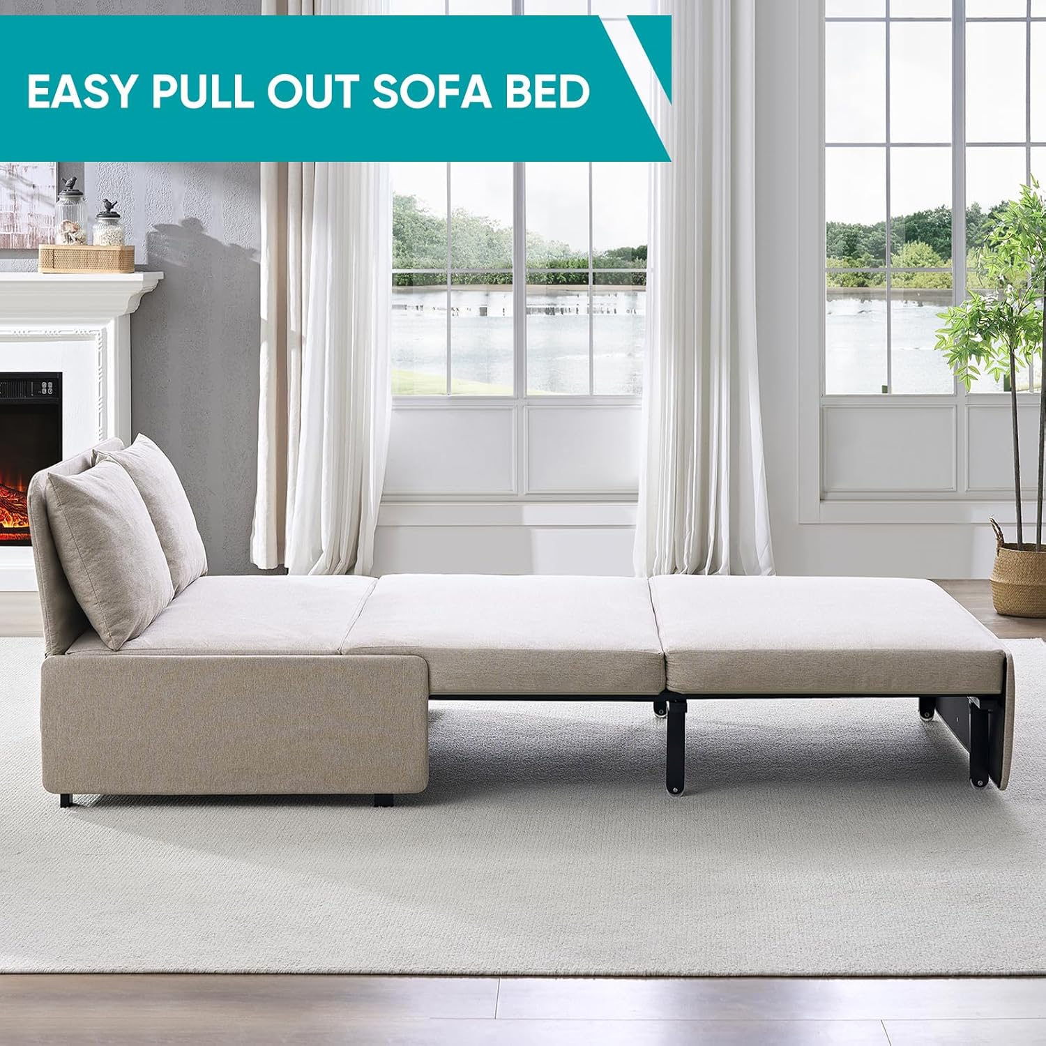 BALUS 43" Width Twin Pull Out Sofa Bed Sleeper Couch with Pullout Beds, Convertible 2 in 1 Linen Sleepers Sofas Armless Chair with Pillows and 3.9" Mattress for Small Space Apartment Loft, Beige