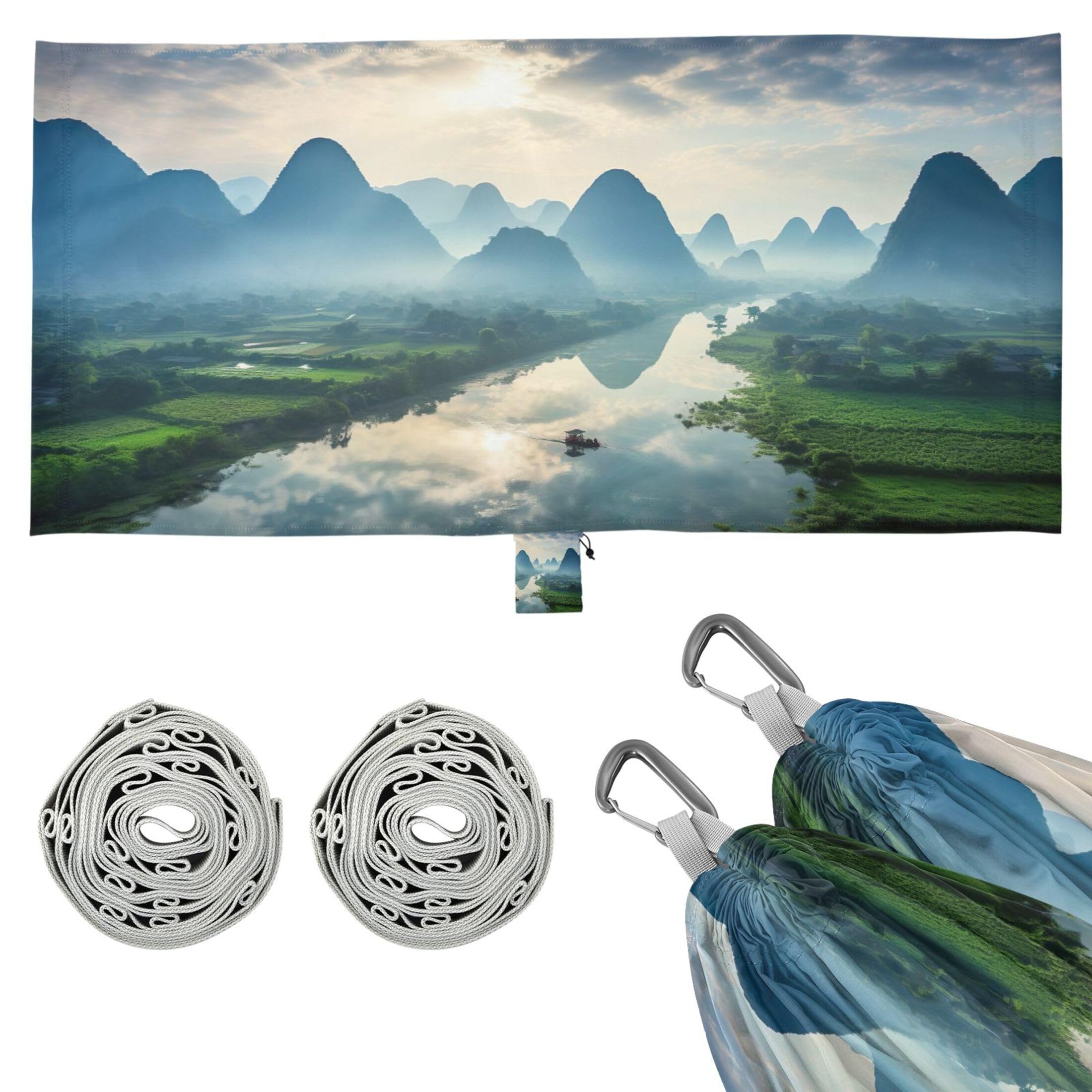 Takiito Nature Landscape Hammock 330 lb Capacity Travel Camping Hammock with Tree Straps, Portable Lightweight for Outdoor Beach Backpacking Backyard Patio