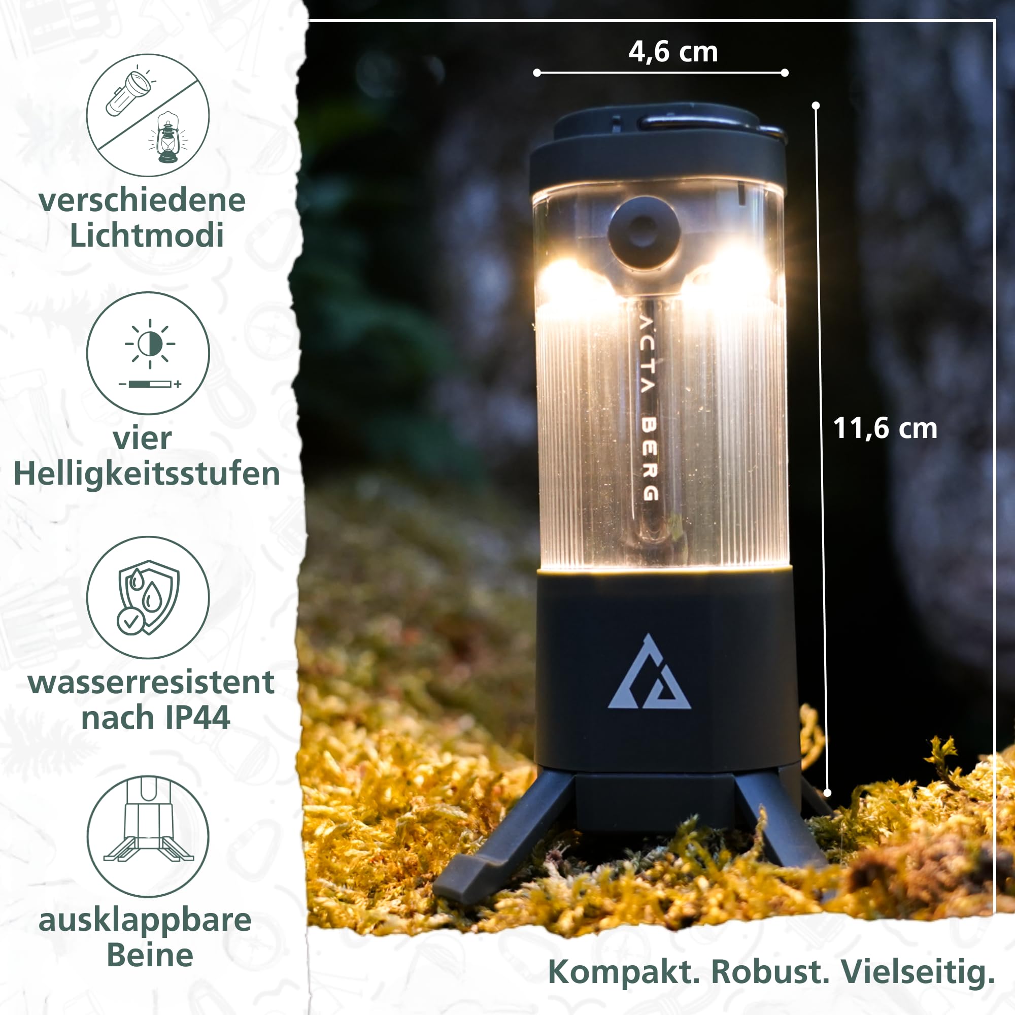 Acta Berg Campinglampe LED 450 Lumen, mit 4000 mAh Akku (Olivegrau) | Bis 150h Laufzeit, IP44 wasserfest, Zeltlampe, Laterne & Taschenlampe, USB-C, als Powerbank nutzbar